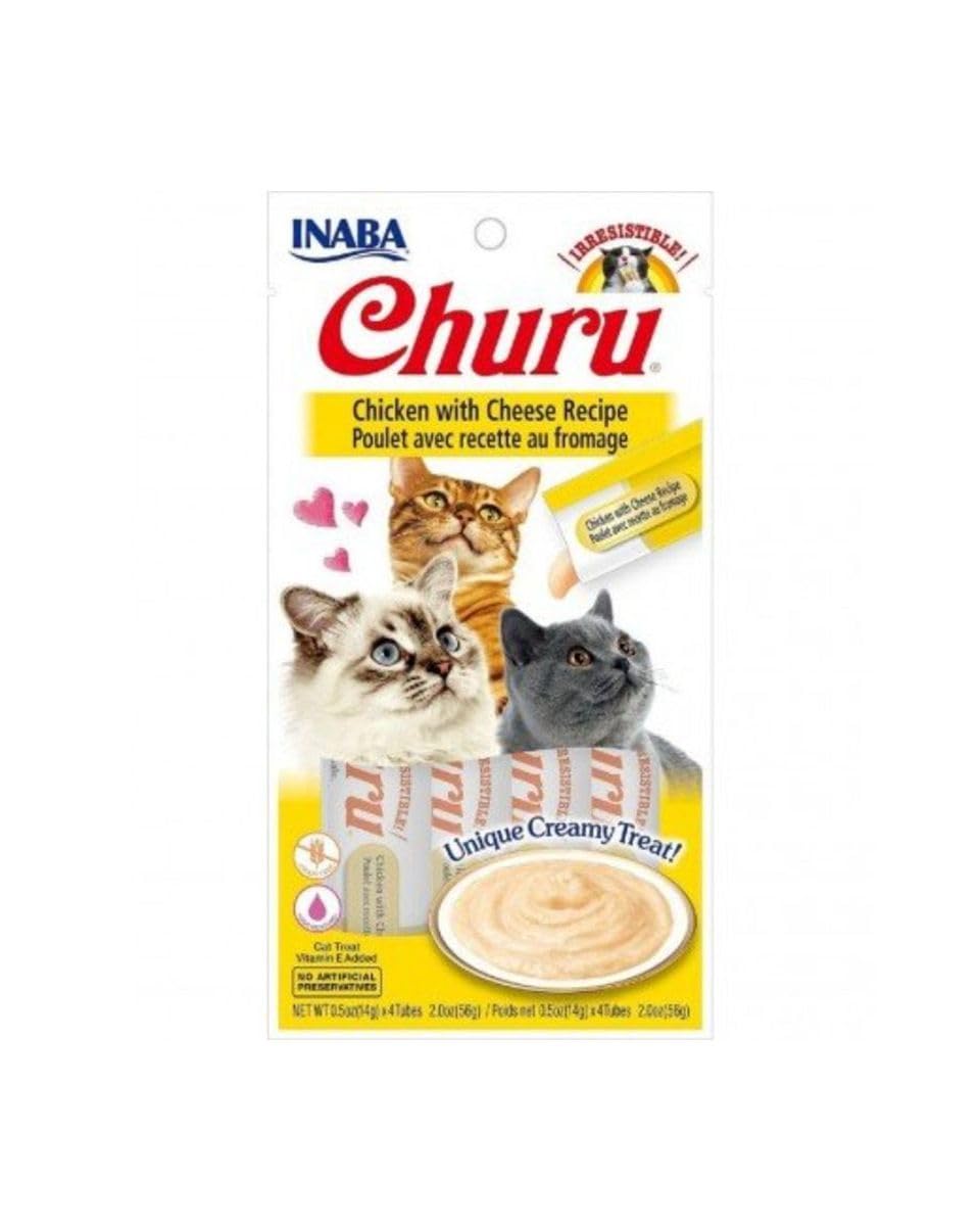 INABA Churu Cat Treats, Grain-Free, Lickable, Squeezable Creamy Purée Cat Treat/Topper with Vitamin E & Taurine, 0.5 Ounces Each Tube, 4 Tubes, Chicken with Cheese Recipe