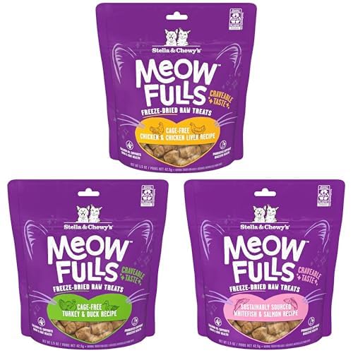 Bundle of Stella & Chewy's Meowfulls Freeze Dried Cat Treats Chicken & Chicken Liver Recipe, Turkey & Duck Recipe, Whitefish & Salmon Recipe, 1.5 oz Bag