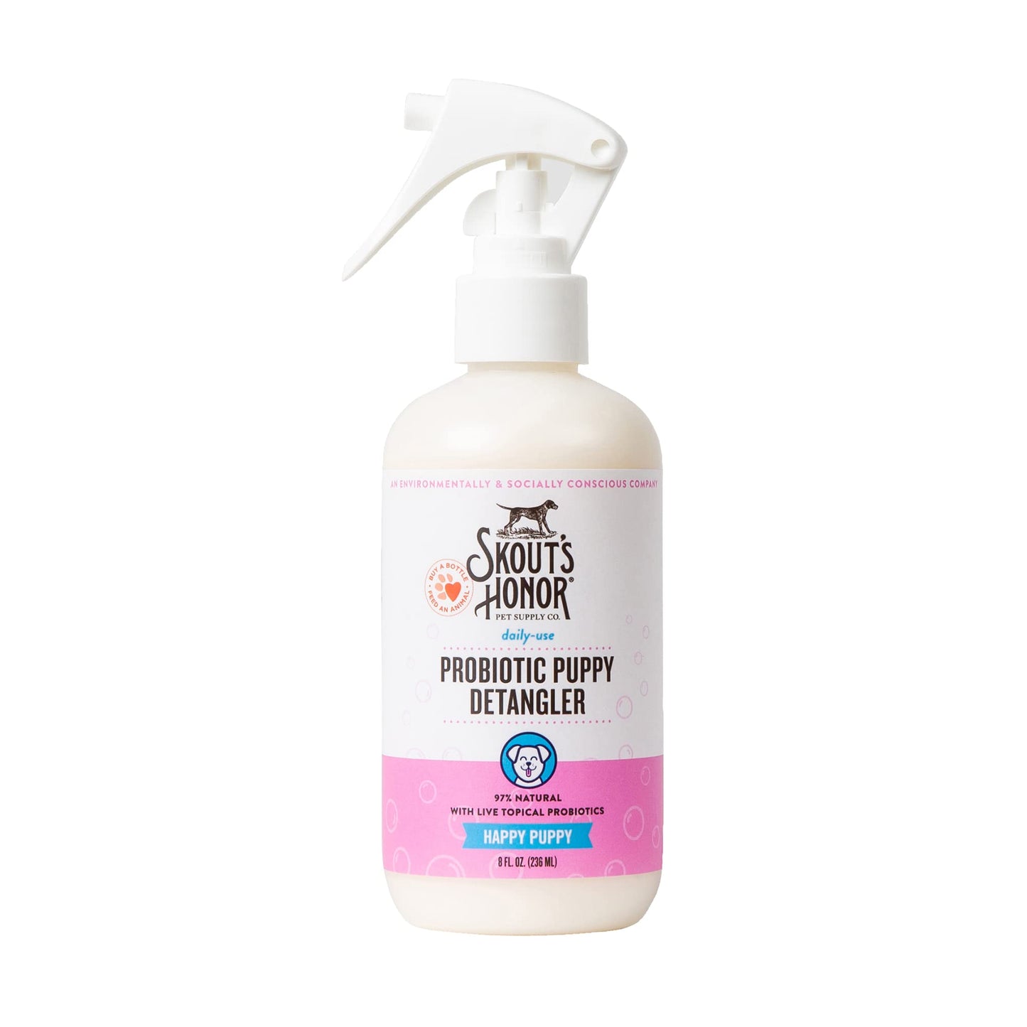 SKOUT'S HONOR Pet Detangler Spray - Hydrating & Conditioning with Avocado Oil & Probiotics, 97% Natural, Paraben & Sulfate-Free, softens for a More brushable Coat, Daily Use, 8oz, Happy Puppy