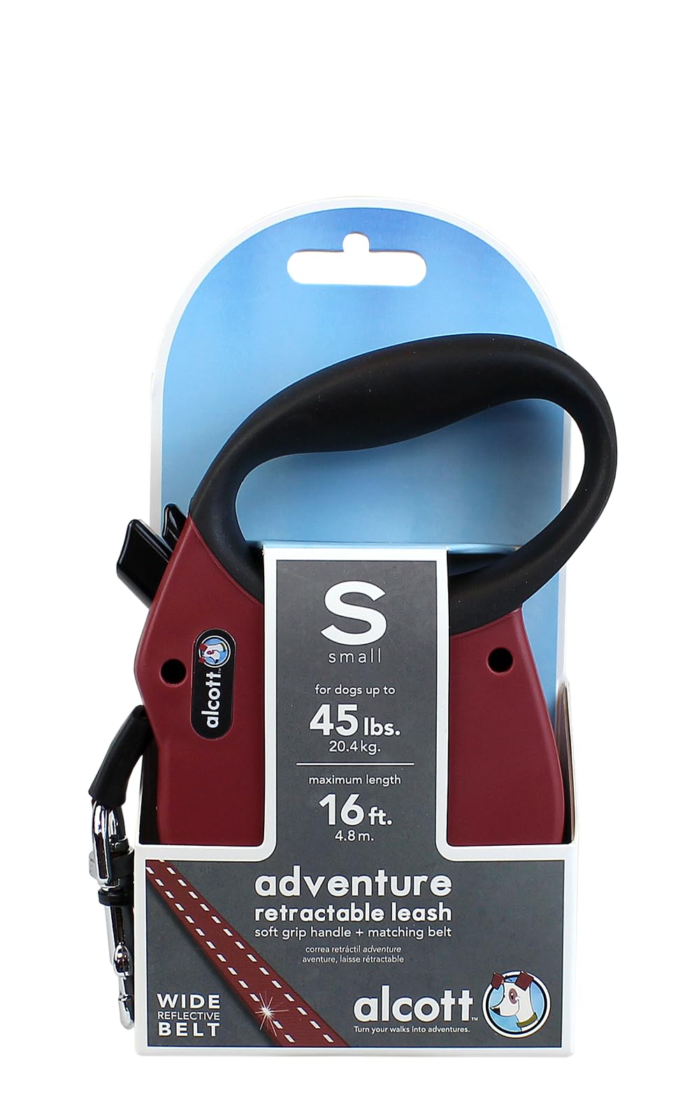 Alcott Adventure Retractable Reflective Belt Leash, 16' Long, Small for Dogs Up to 45 lbs, Red with Black Soft Grip Handle,RLSH AA SM RD