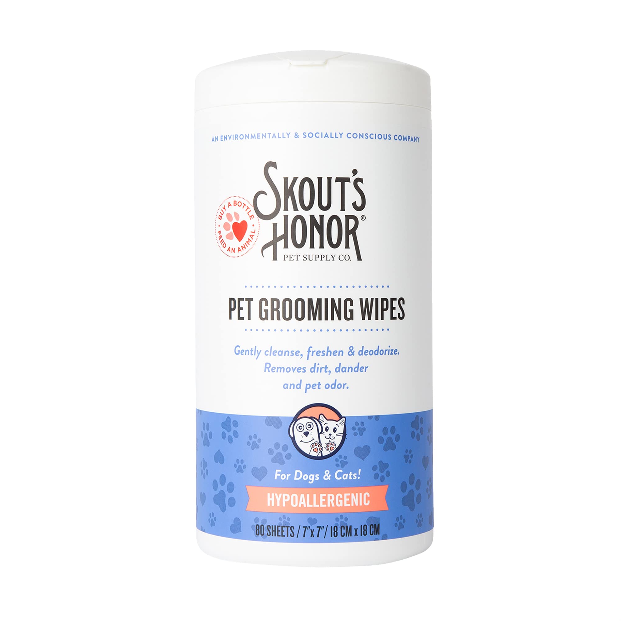 SKOUT'S HONOR Pet Grooming Wipes for Dogs and Cats - Deodorizing, Plant-Based, Biodegradable, Fragrance-Free - for Paws, Faces, Skin Folds & Bums, 80 Count