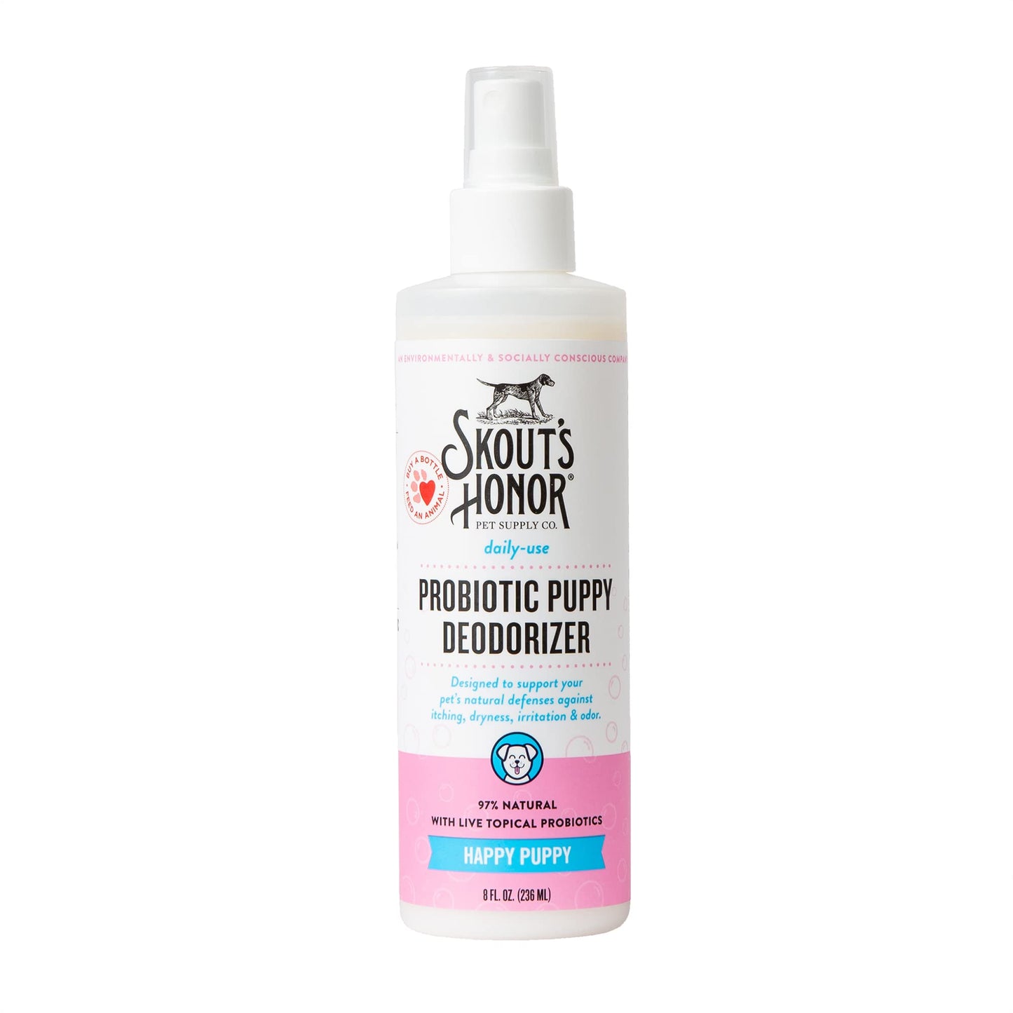 SKOUT'S HONOR Pet Deodorizer Spray- Hydrating Daily-Use with Avocado Oil & Omega-3s, Paraben & Sulfate-Free, 97% Natural, 8oz, Happy Puppy