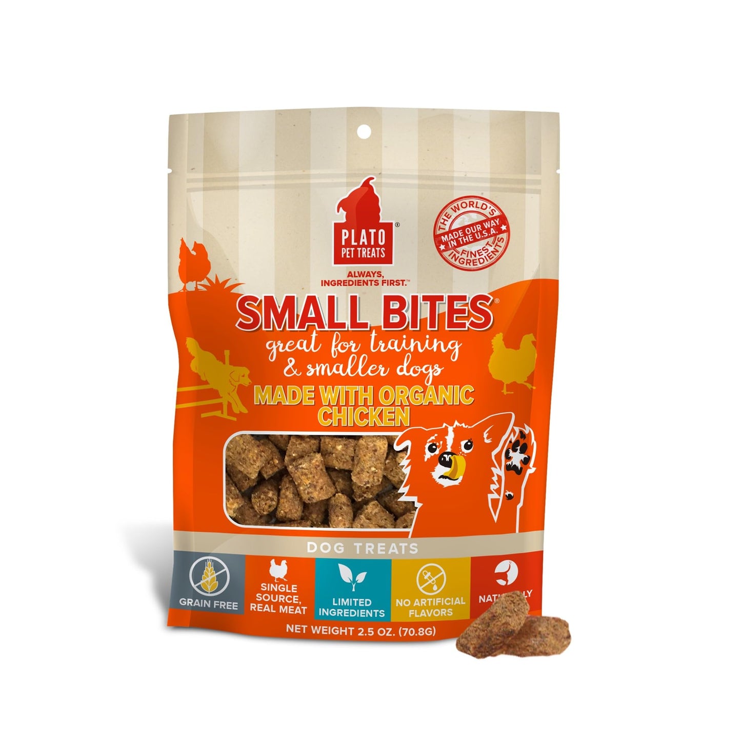 PLATO Small Bites Dog Treats, Natural Bite Sized Real Meat & Chicken Flavor, Grain Free & High in Protein, Air Dried Authentic Ingredients, 2 Calories Per Treat, Made in the USA, 2.5 Ounces