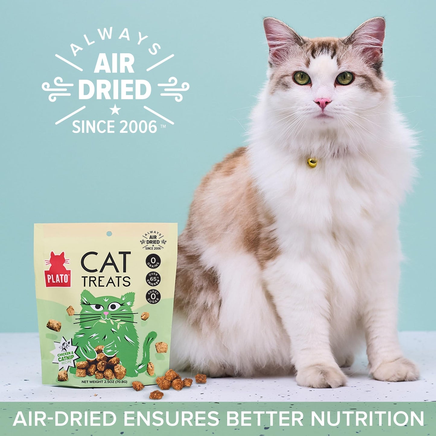 PLATO Pet Treats Air-Dried Cat Treats Chicken with Catnip Recipe, Grain Free, All Natural, Made in The USA, 2.5oz