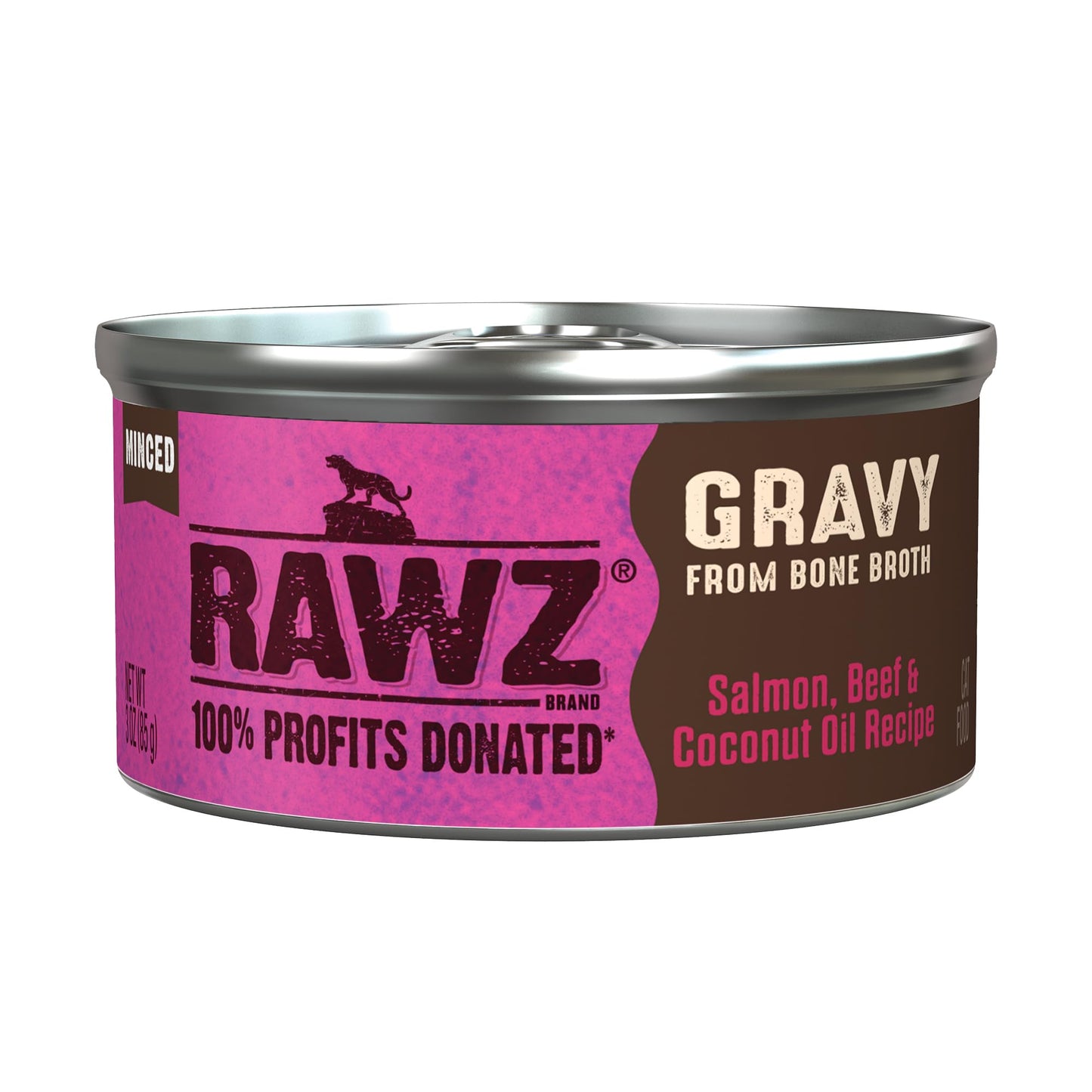 Rawz Natural Premium Minced Canned Cat Food in Gravy from Bone Broth - Made with Real Meat Ingredients No BPA & Gums - (3 Ounce cans), Salmon & Beef