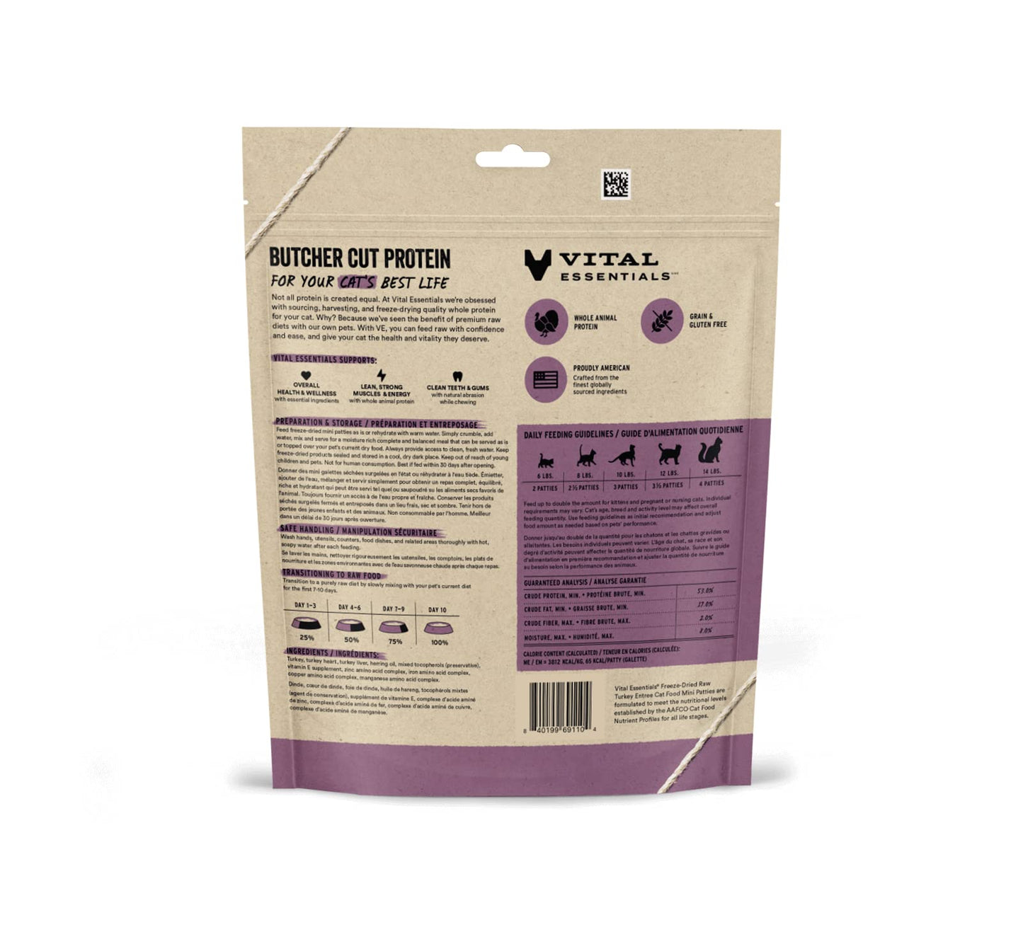 Vital Essentials Freeze Dried Raw Cat Food, Turkey Mini Patties Entree, 3.5 oz