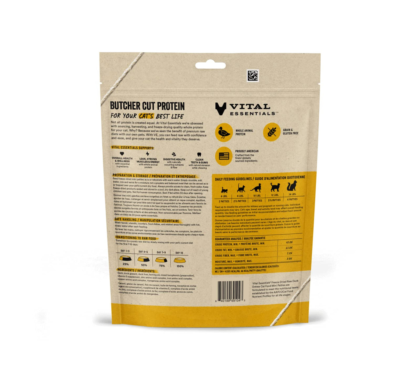 Vital Essentials Freeze Dried Raw Cat Food, Duck Mini Patties Entree, 3.75 oz
