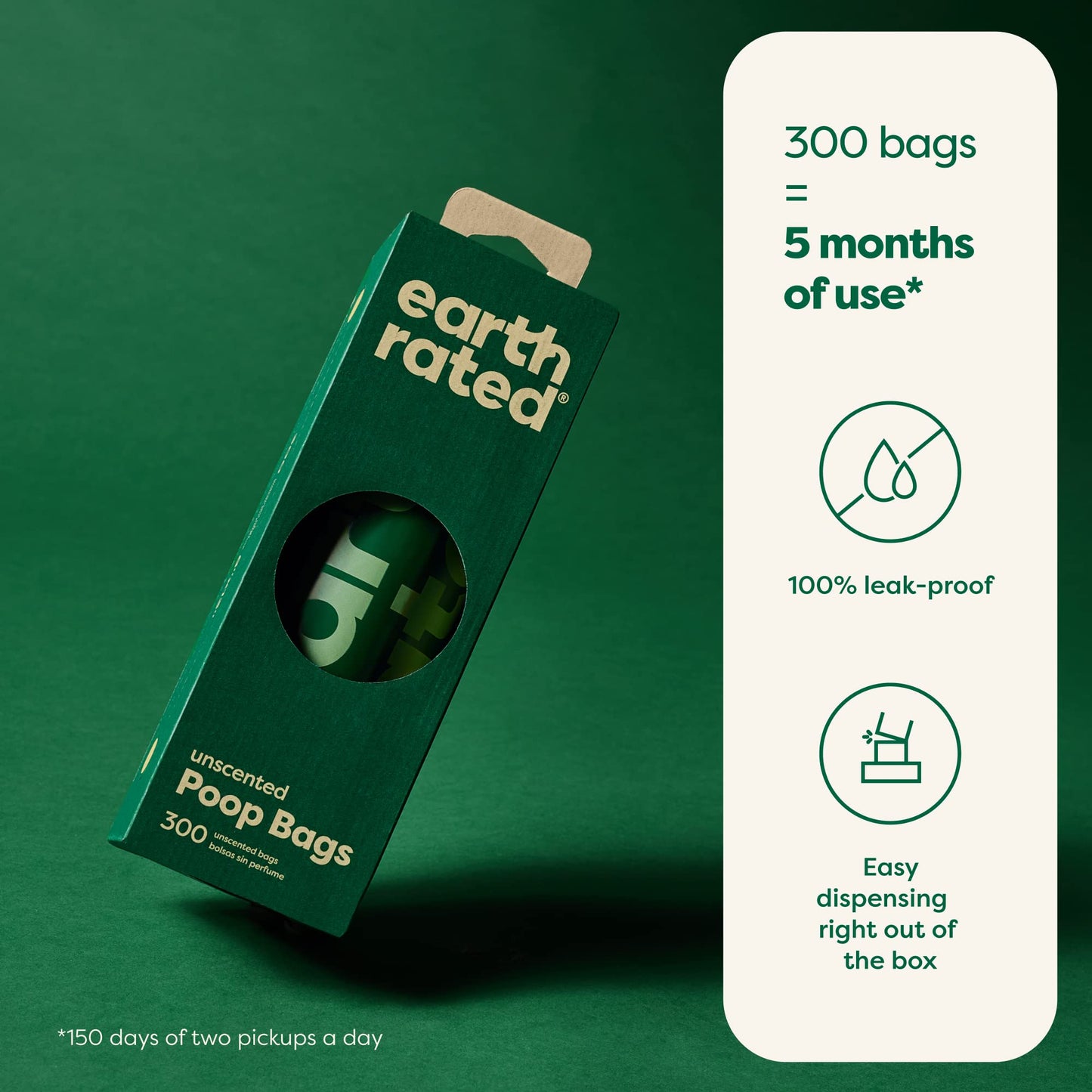 Earth Rated Dog Poop Bags, Thick Grab and Go Single Roll, Ideal for Backyard Pickups, Unscented, 300 Count