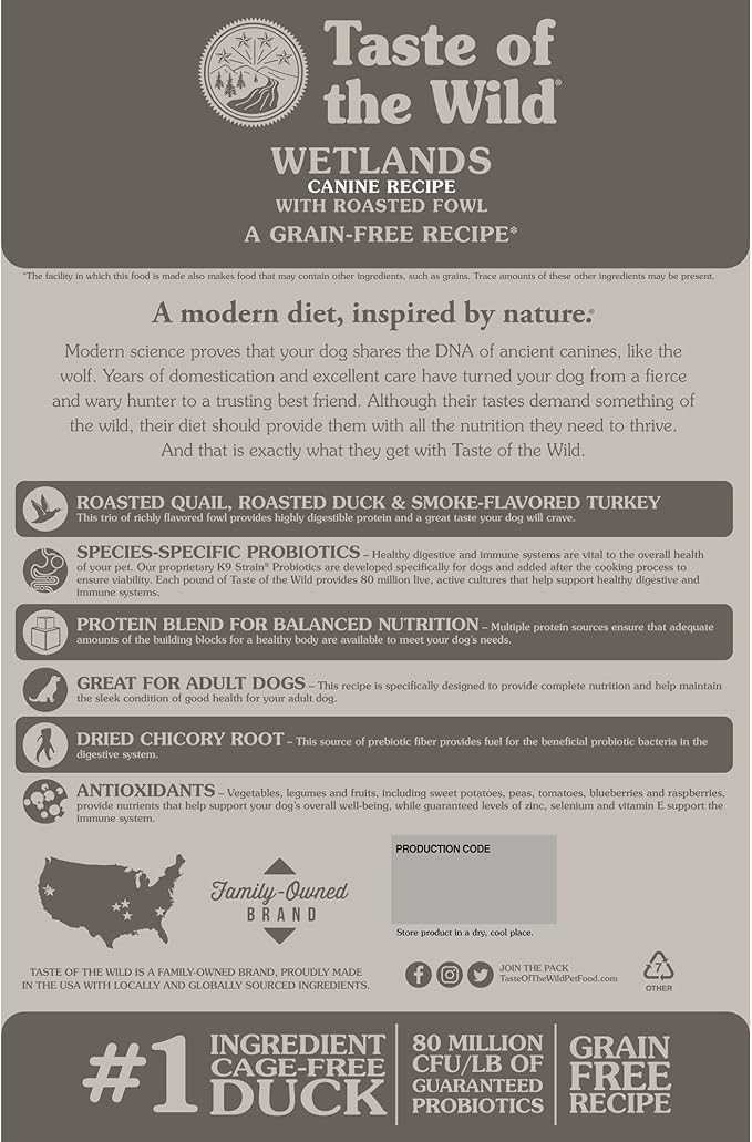 Taste of the wild grain free wetlands canine recipe roasted fowl 5lb dry dog food