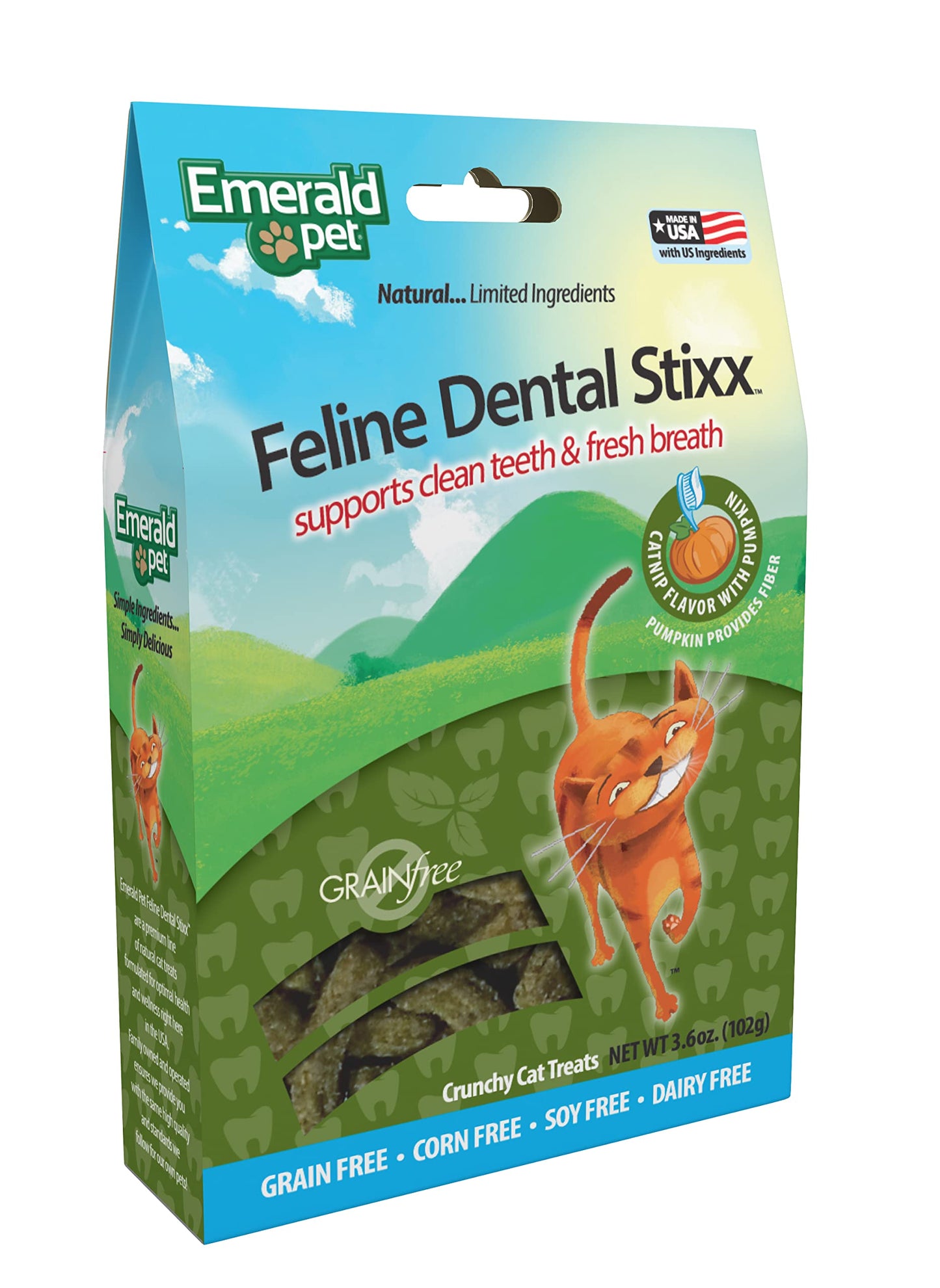 Emerald Pet Feline Dental Stixx — Tasty and Crunchy Cat Dental Sticks with Pumpkin for Digestive Health — Natural Grain Free Dental Treats for Clean Cat Teeth and Fresh Breath — Catnip Stixx, 3.6 oz