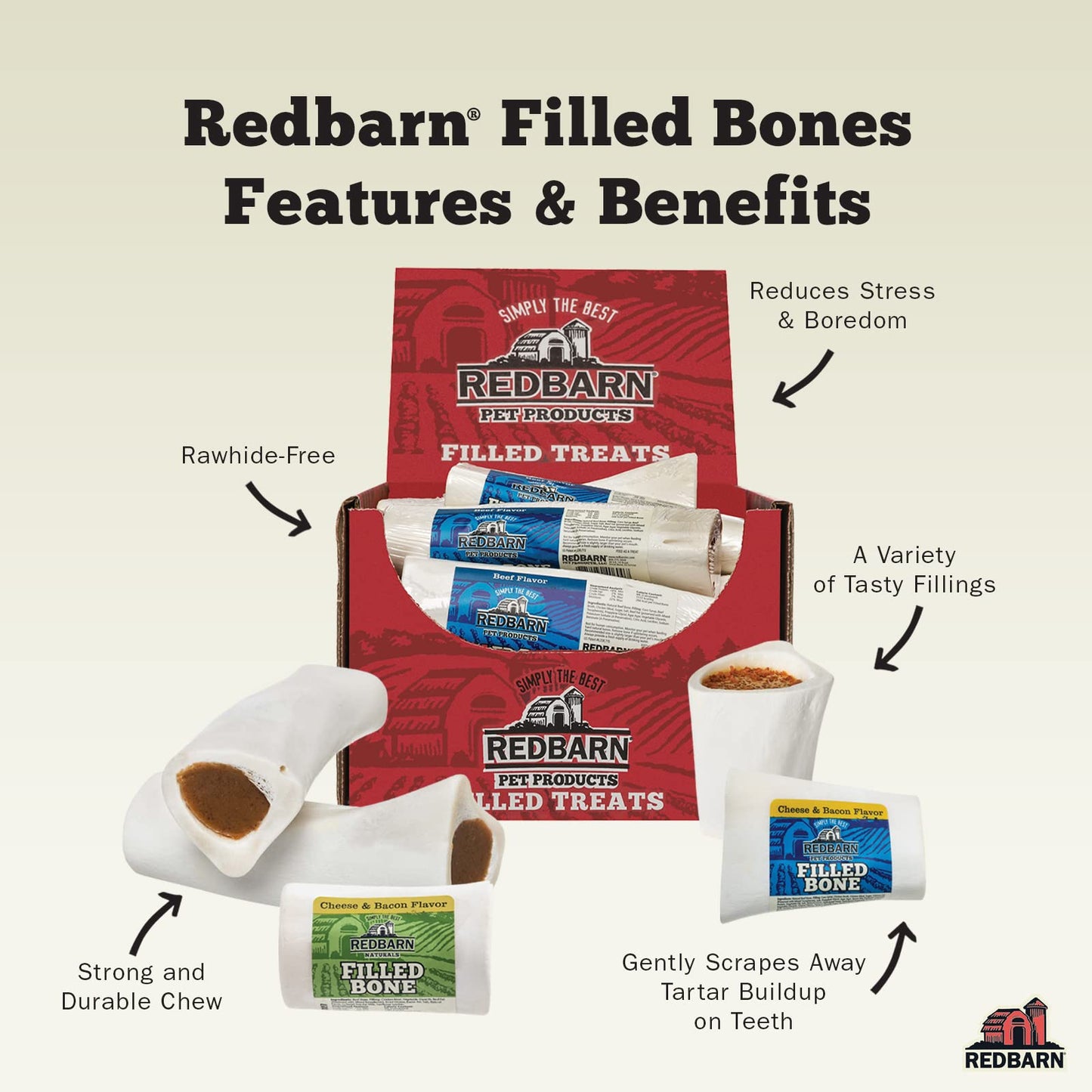 Redbarn Filled Dog Bones, Natural Long-Lasting Dental Treats; Suitable for Aggressive Chewers, Small (3") - 10 Bones (Cheese N' Bacon)
