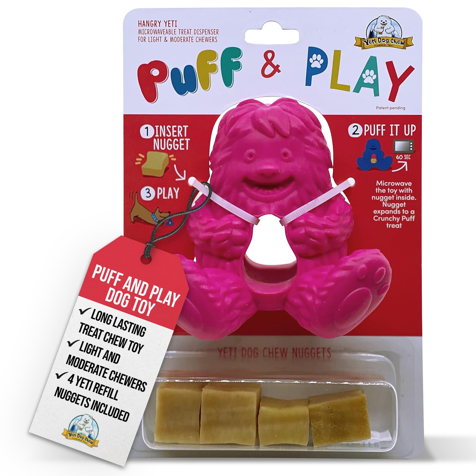 Yeti Dog Chew Puff and Play Interactive Dog Toys, Nuggets Dog Treat Dispenser Puzzle, Fun Stimulating Chew Toy for Teething, Behavior Training for Light to Moderate Chewers, Yeti, Pink