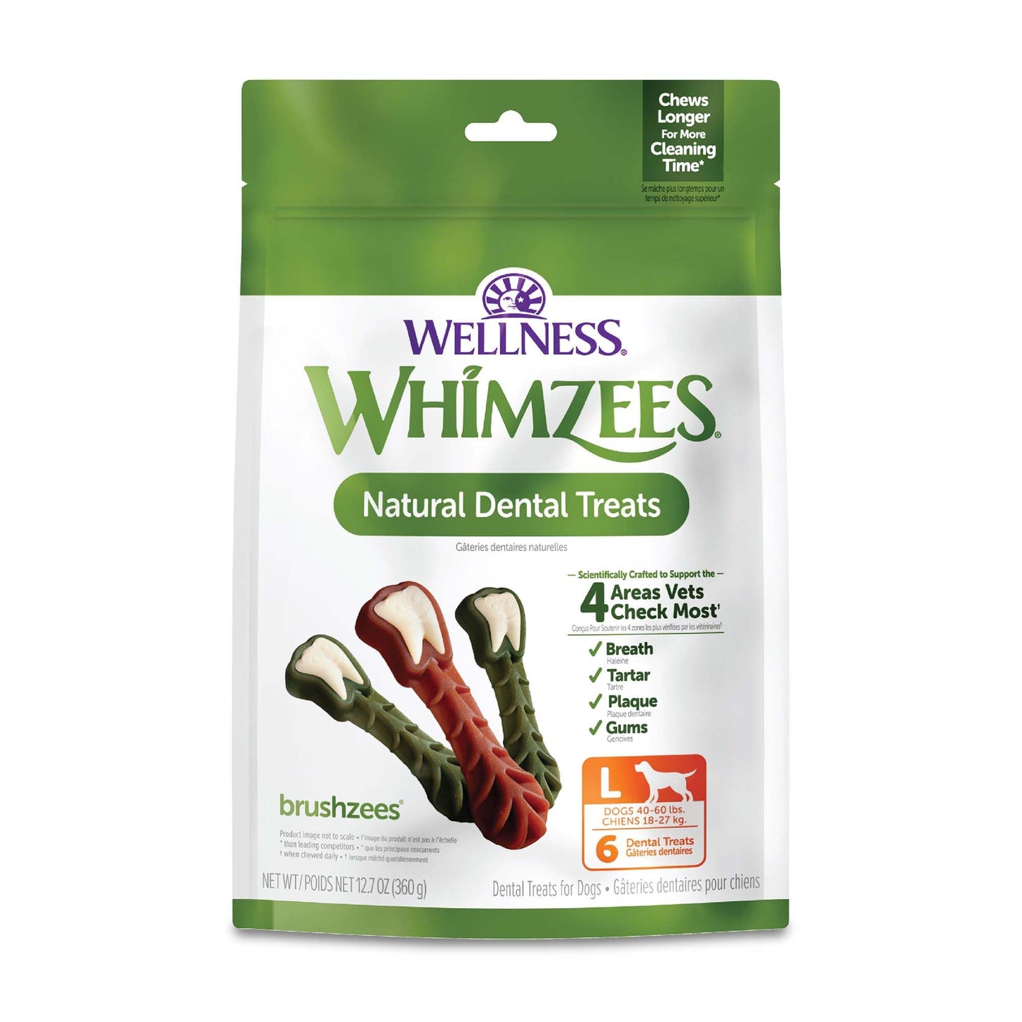 Whimzees Wellness Brushzees Dog Dental Treats, Natural Chews, Large Size Stick, (6 Count)