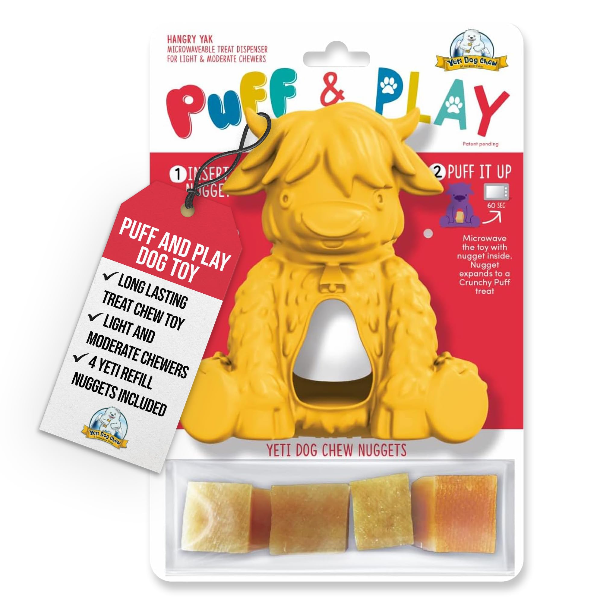 Yeti Dog Chew Puff and Play Interactive Dog Toys, Nuggets Dog Treat Dispenser Puzzle, Fun Stimulating Chew Toy for Teething, Behavior Training for Light to Moderate Chewers, Yak Yellow