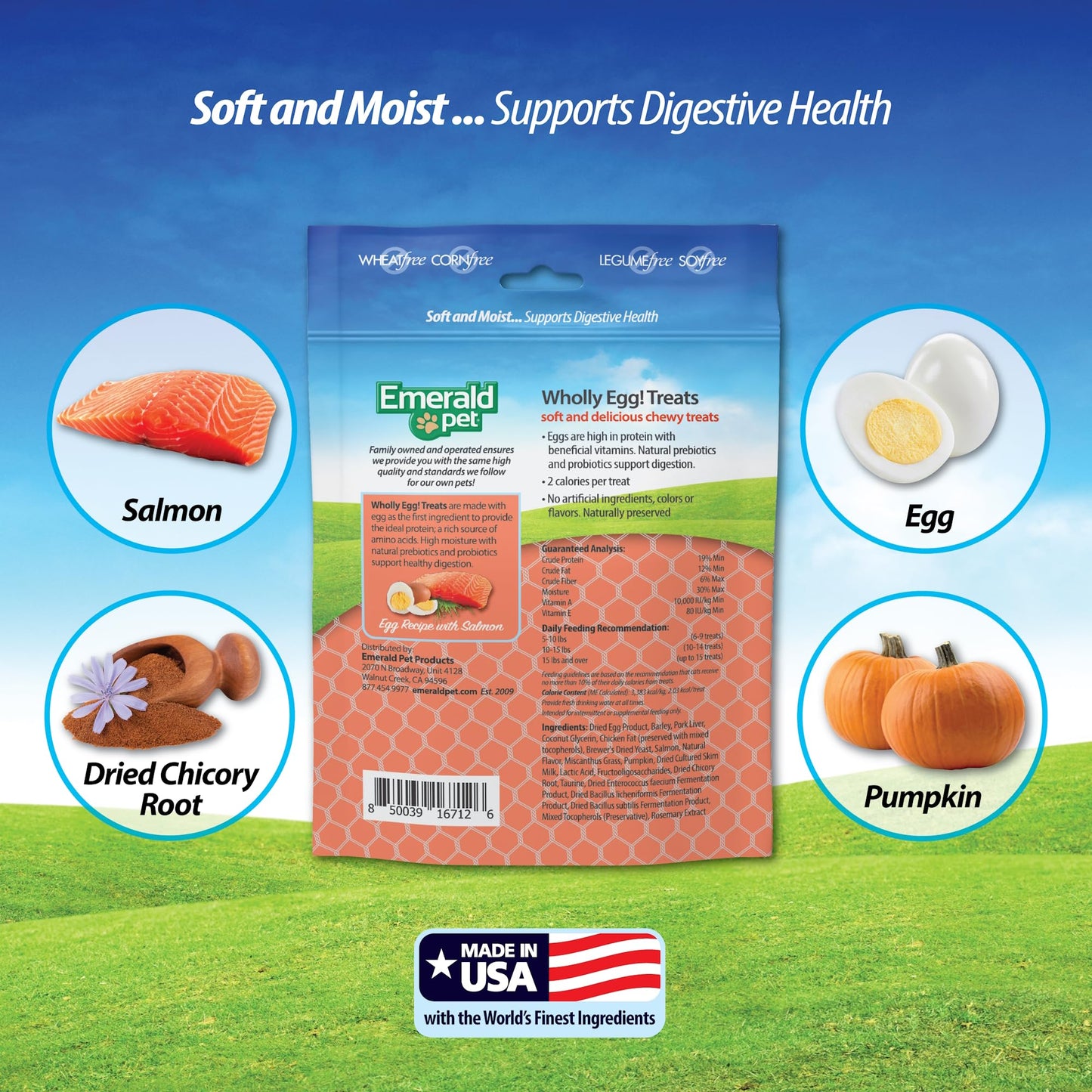 Emerald Pet Wholly Egg Digestive Health Cat Treats - Soft and Moist cat Treats for Healthy Digestion - Natural Prebiotics and Probiotics for cat Digestion - Salmon Treats, 2.5 oz