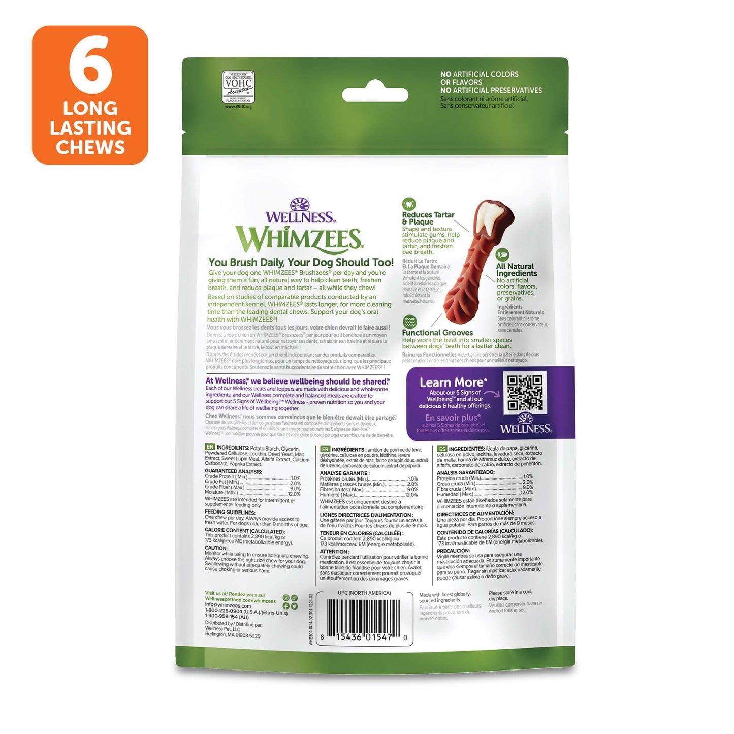 Whimzees Wellness Brushzees Dog Dental Treats, Natural Chews, Large Size Stick, (6 Count)