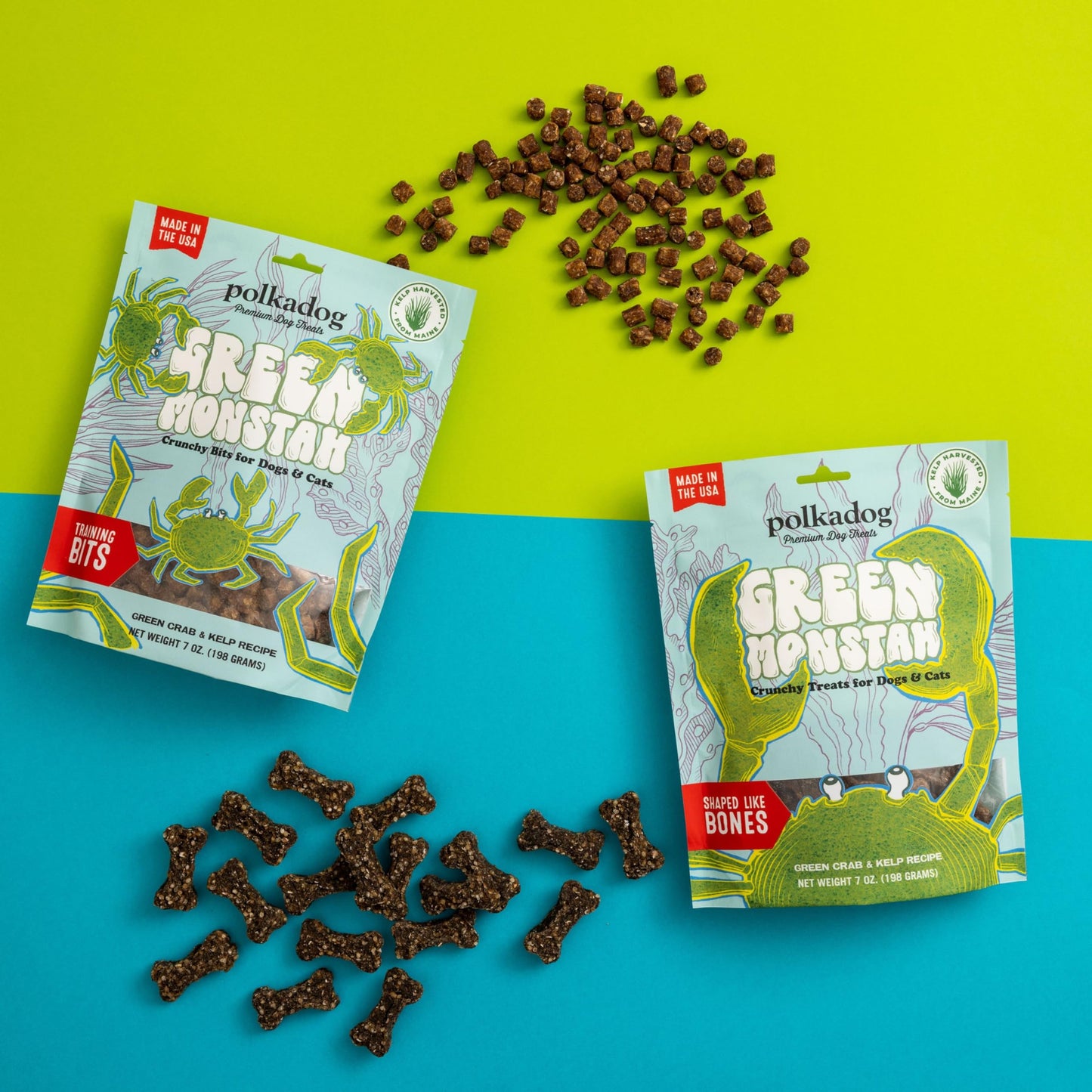 Polkadog Green Monstah Bits Crunchy Treats - Dog Treat for Small & Large Dogs with Vitamin-Rich Kelp, Omega-3, Protein - New England Green Crab & Kelp Blend - Training Size