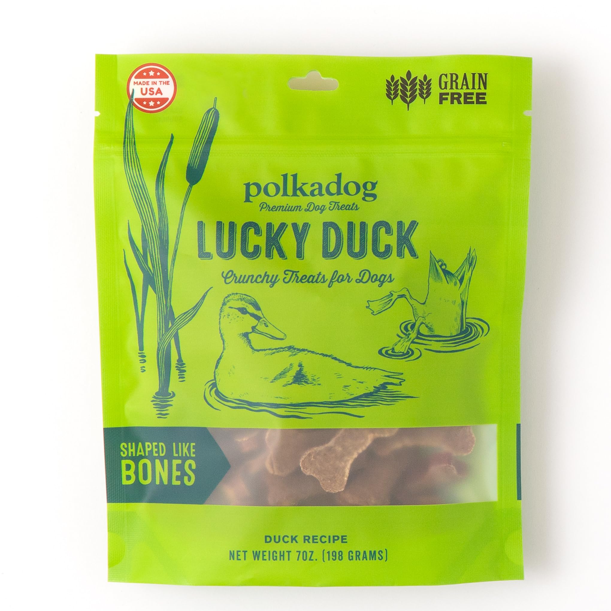 Polkadog Lucky Duck Bone-Shaped Dog Treats, Cat Snacks – All-Natural Pet Treats for Kittens, Puppies – Bite-Sized, Crunchy Snack for Dogs, Cats – 2 Ingredients – 7oz