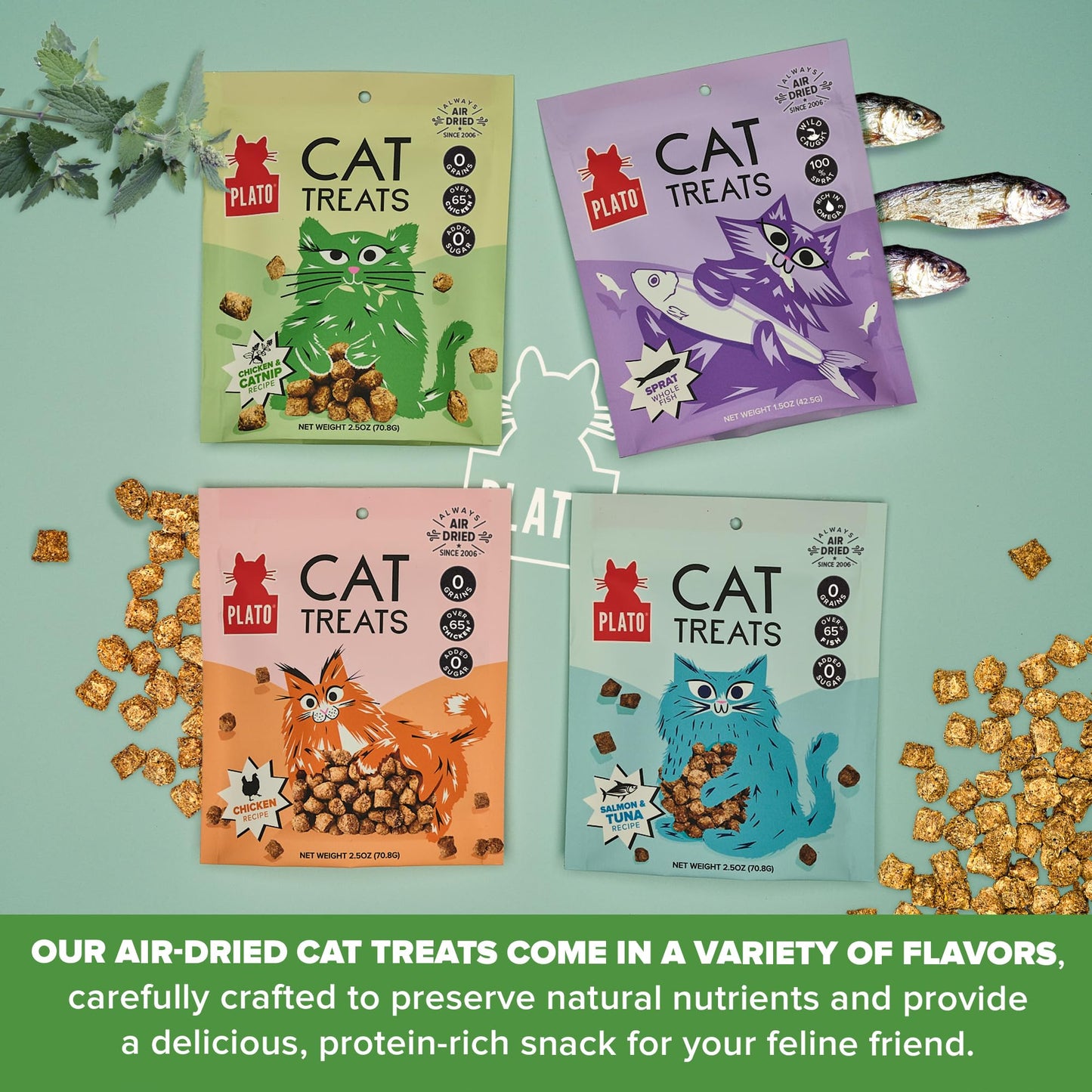 PLATO Pet Treats Air-Dried Cat Treats Chicken with Catnip Recipe, Grain Free, All Natural, Made in The USA, 2.5oz