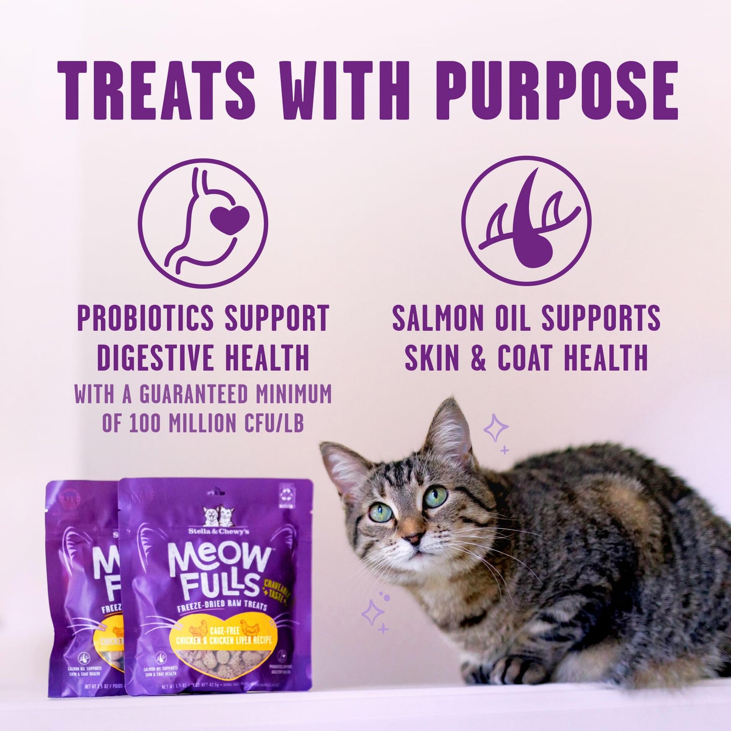 Bundle of Stella & Chewy's Meowfulls Freeze Dried Cat Treats Chicken & Chicken Liver Recipe, Turkey & Duck Recipe, Whitefish & Salmon Recipe, 1.5 oz Bag