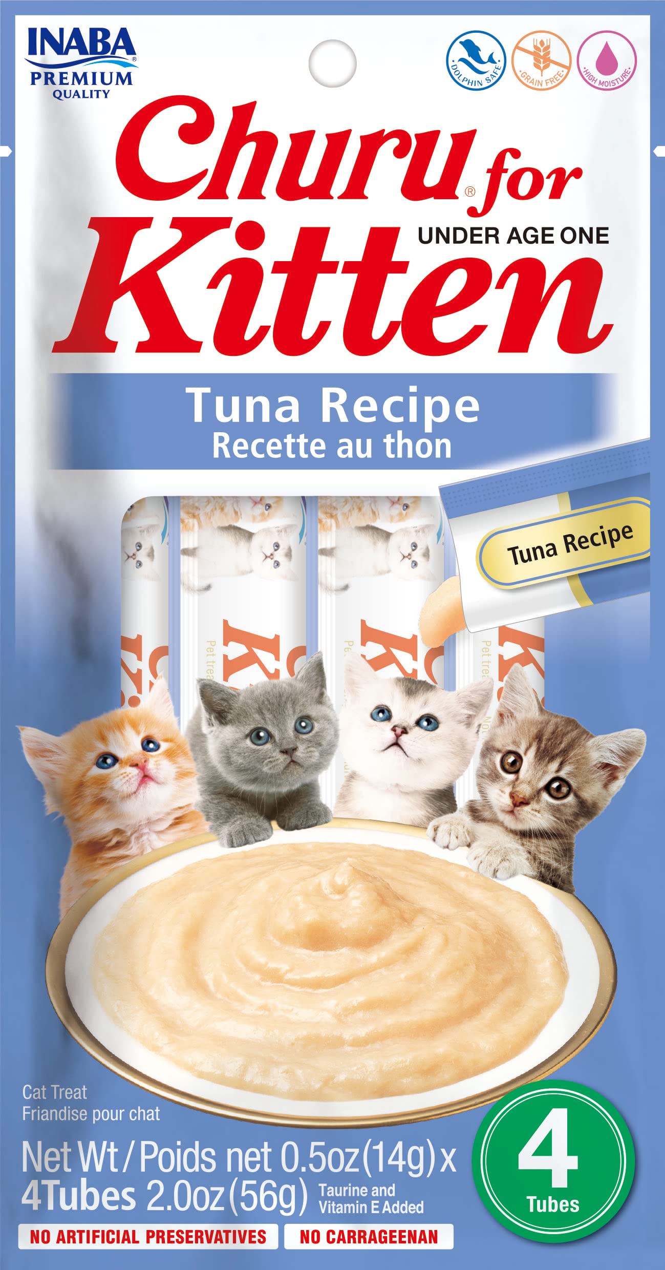 INABA Churu for Kittens, Grain-Free Creamy, Purée Lickable Cat Treats with DHA, EPA, Vitamin E & Taurine, 0.5 Ounces Each, 4 Tubes (1 Pack), Tuna Recipe