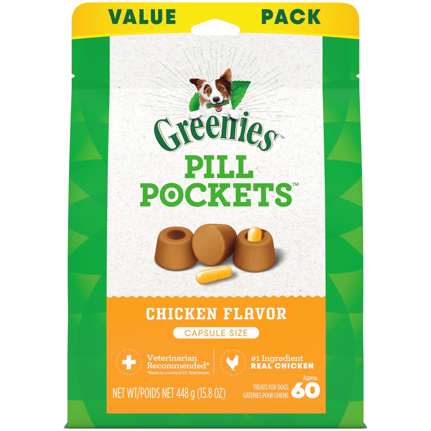 Greenies Pill Pockets Large Size Soft Dog Treats for Capsules, Chicken Flavor, Made With Natural Ingredients Plus Minerals & Trace Nutrients, 15.8 oz. (60 Count, Pack of 1