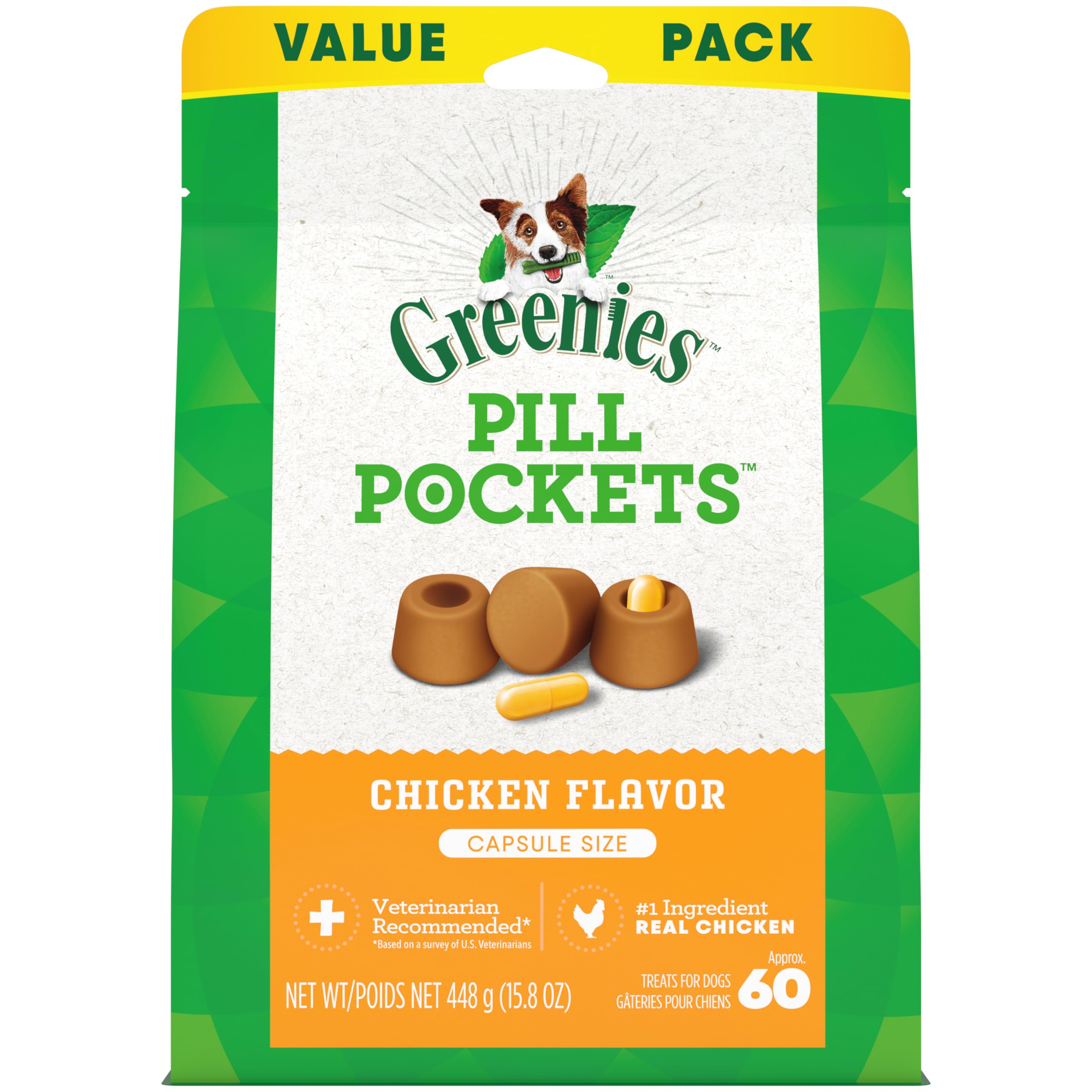 Greenies Pill Pockets Large Size Soft Dog Treats for Capsules, Chicken Flavor, Made With Natural Ingredients Plus Minerals & Trace Nutrients, 15.8 oz. (60 Count, Pack of 1