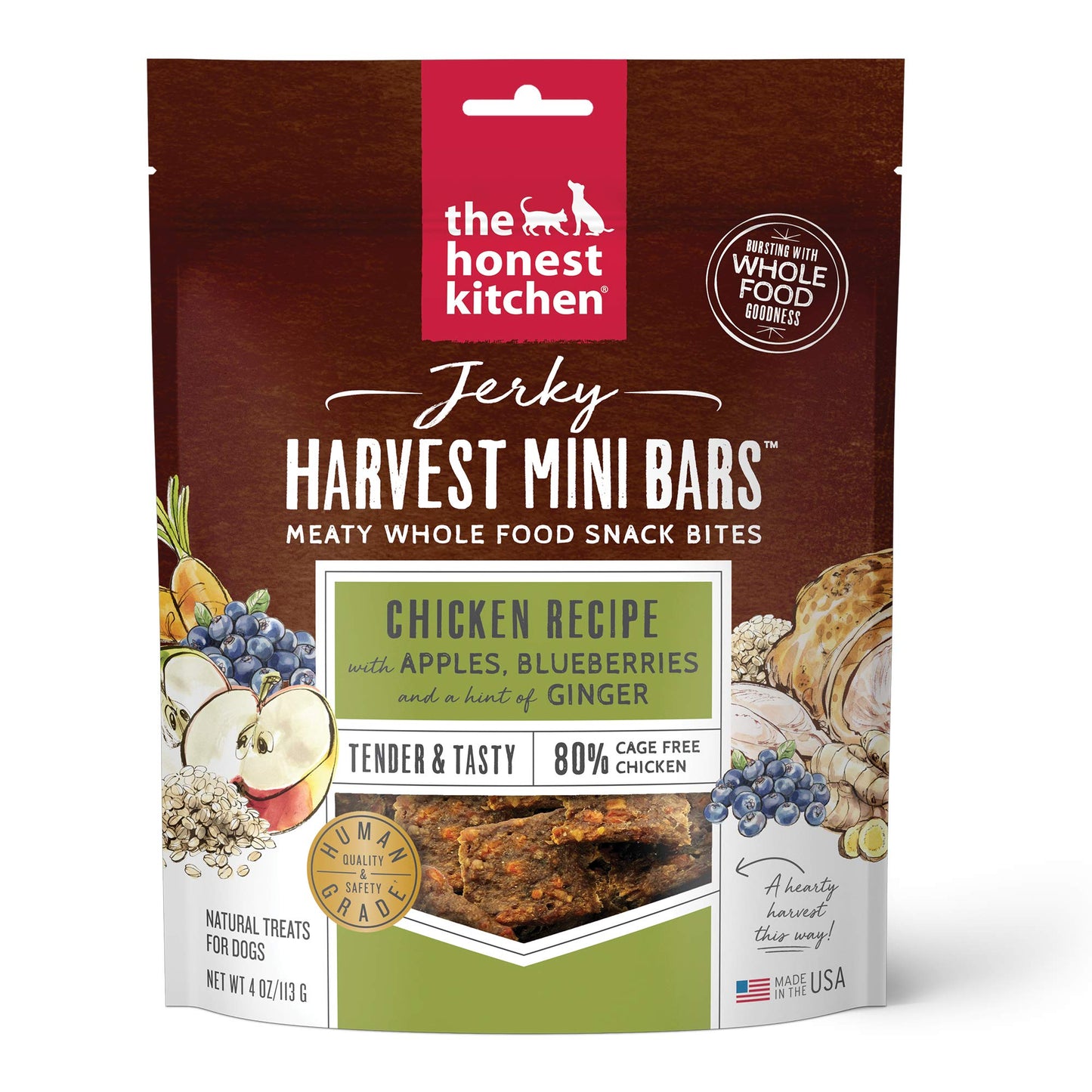 The Honest Kitchen Jerky Harvest Mini Bars: Chicken Recipe With Apples & Blueberries, 4 oz Bag