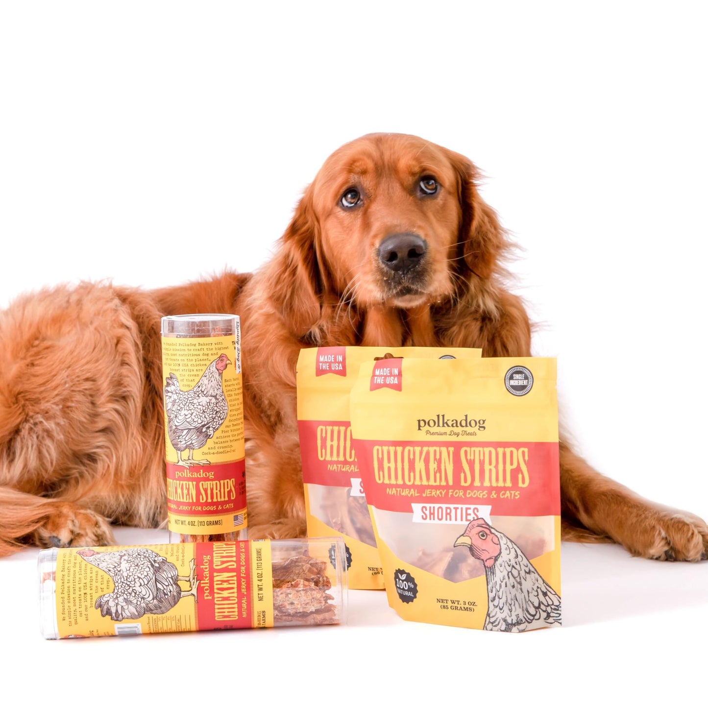 Polkadog Chicken Strip Jerky Dog & Cat Treat - Handmade, Single-Ingredient, Grain Free, USA Farm-Raised Chicken - Dog Jerky Treat - Made in USA, 3oz