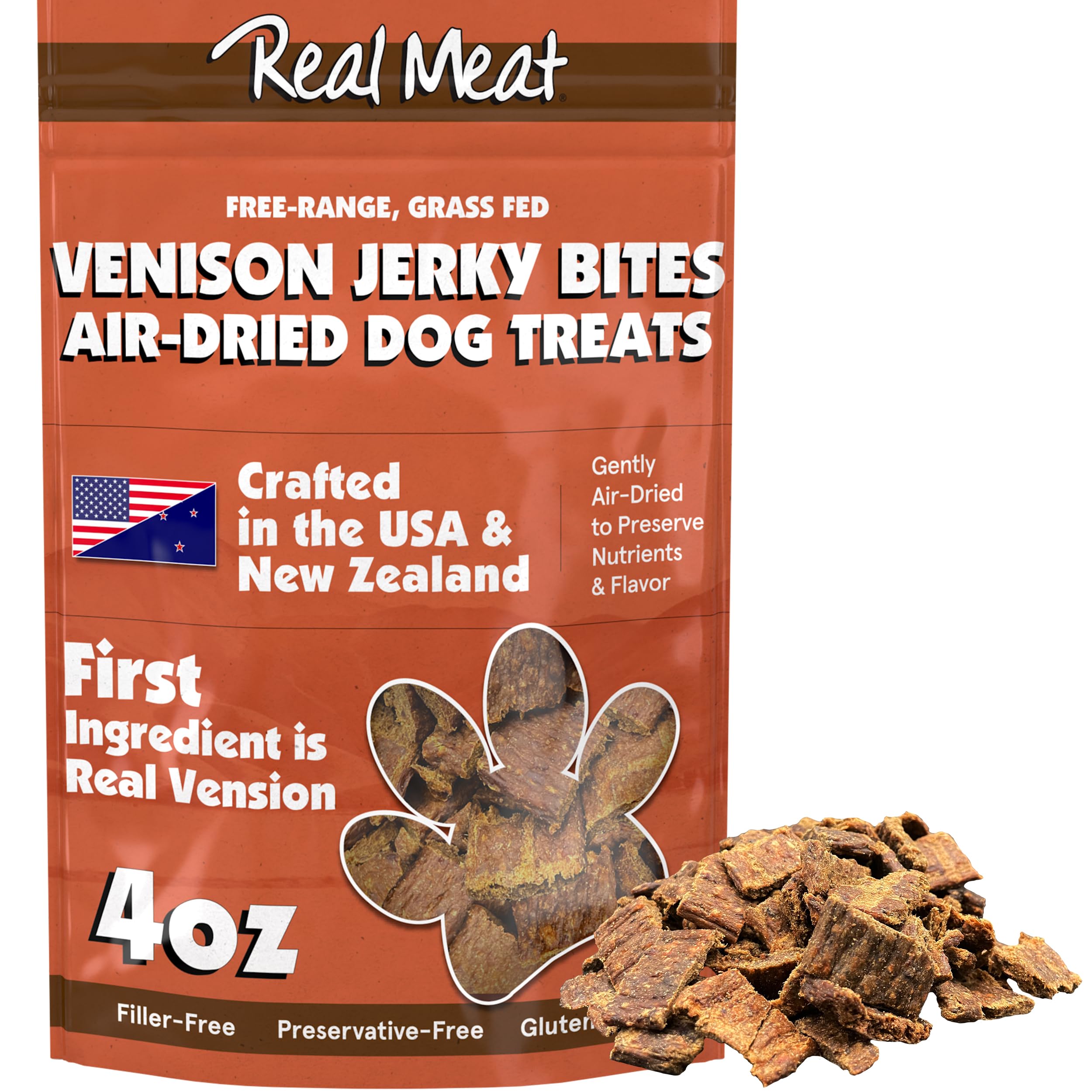 Real Meat Dog Treats - 4oz Bag of Bite-Sized Air-Dried Venison Jerky for Dogs - Grain-Free Jerky Dog Treats Made up of 95% Human-Grade, Free-Range, Grass Fed Venison - Natural High Protein Dog Treats