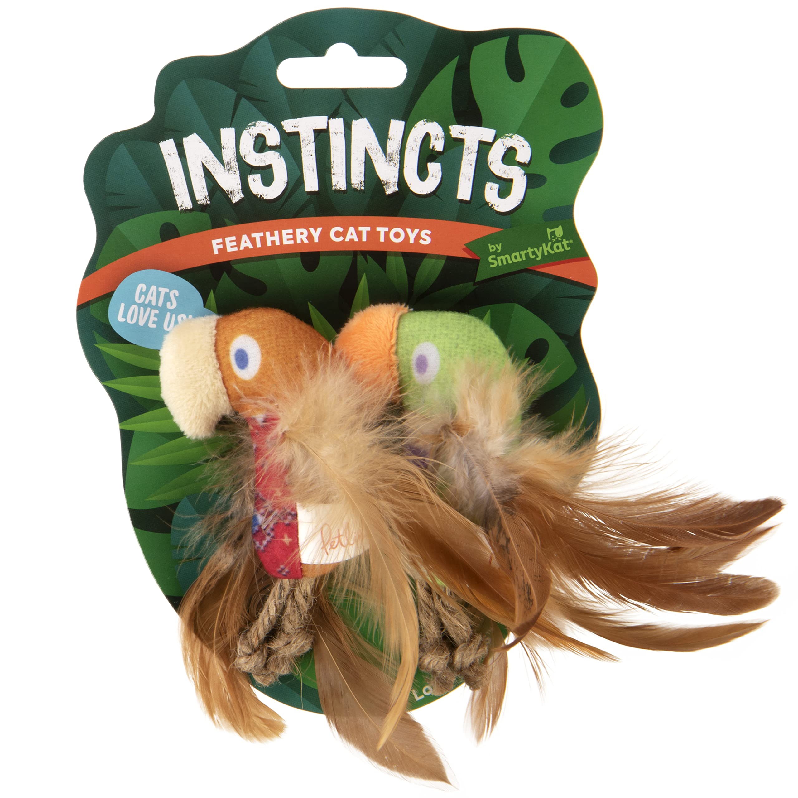 SmartyKat Instincts HappyNip Love Mates Feather Birds Plush Cat Toys, Contains Catnip & Silvervine - Orange/Green