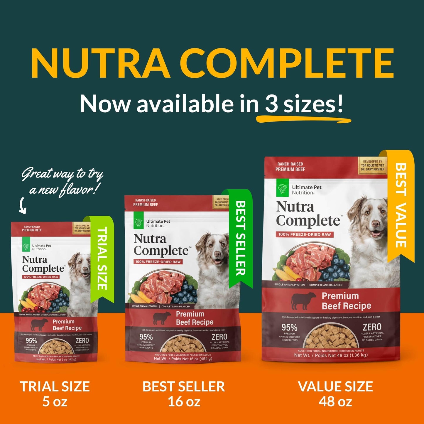 ULTIMATE PET NUTRITION Nutra Complete Freeze Dried Raw Dog Food, Veterinarian Formulated with Antioxidants, Prebiotics & Amino Acids (5 Ounce, Beef)