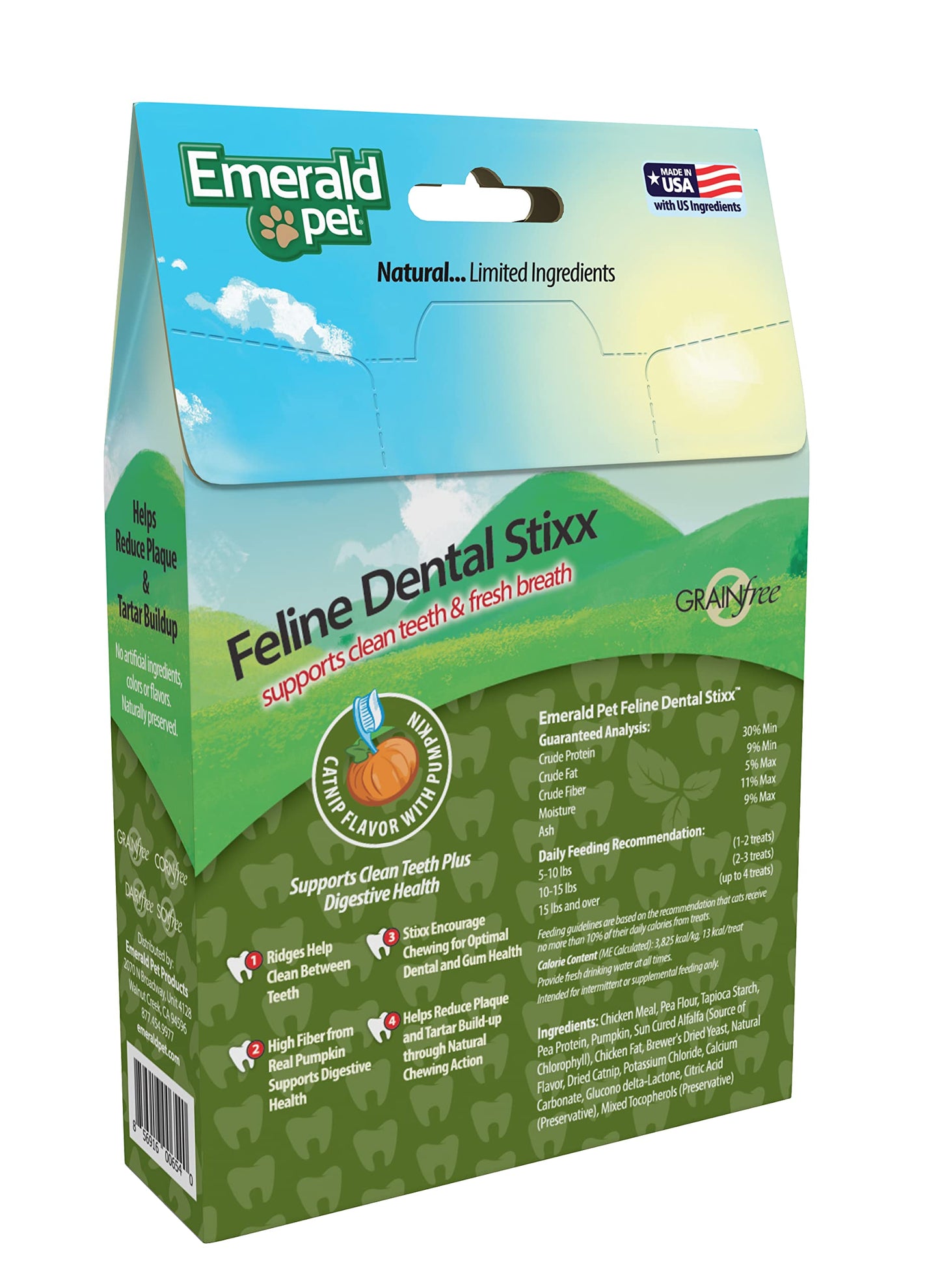 Emerald Pet Feline Dental Stixx — Tasty and Crunchy Cat Dental Sticks with Pumpkin for Digestive Health — Natural Grain Free Dental Treats for Clean Cat Teeth and Fresh Breath — Catnip Stixx, 3.6 oz