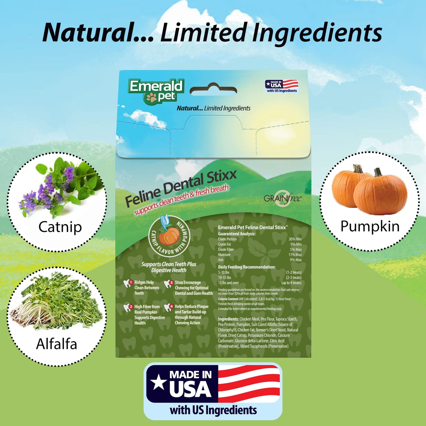 Emerald Pet Feline Dental Stixx — Tasty and Crunchy Cat Dental Sticks with Pumpkin for Digestive Health — Natural Grain Free Dental Treats for Clean Cat Teeth and Fresh Breath — Catnip Stixx, 3.6 oz