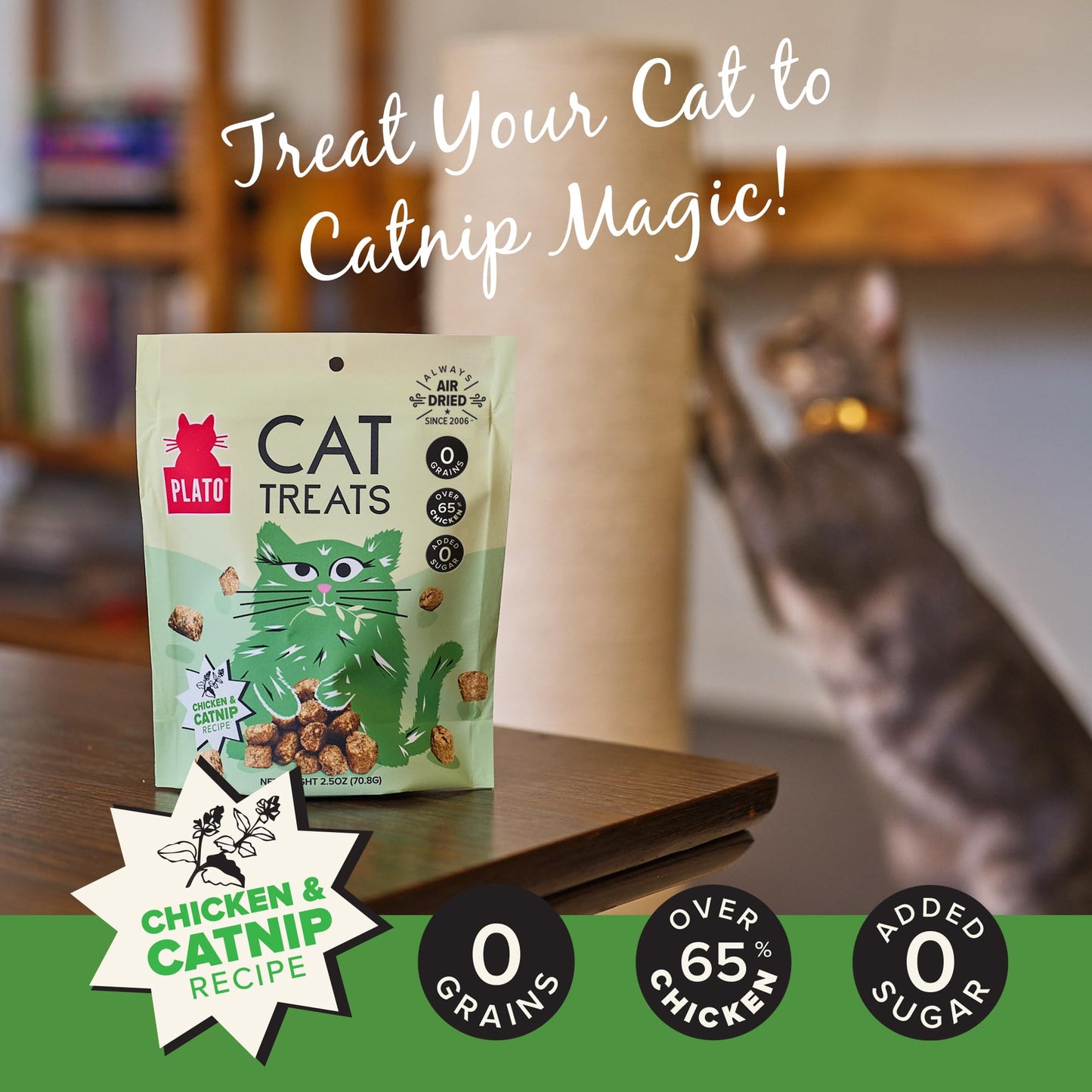 PLATO Pet Treats Air-Dried Cat Treats Chicken with Catnip Recipe, Grain Free, All Natural, Made in The USA, 2.5oz