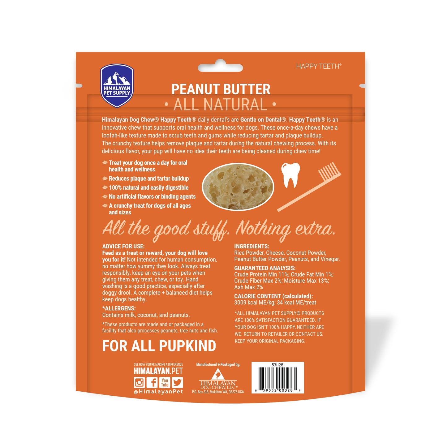 Himalayan Dog Chew Happy Teeth Peanut Butter Dental Chews - Dog Teeth Cleaning, Dental Treats for Dogs, 100% Natural, Digestible, Removes Plaque and Tartar, Gluten, Soy, Lactose Free, 30 Day Supply