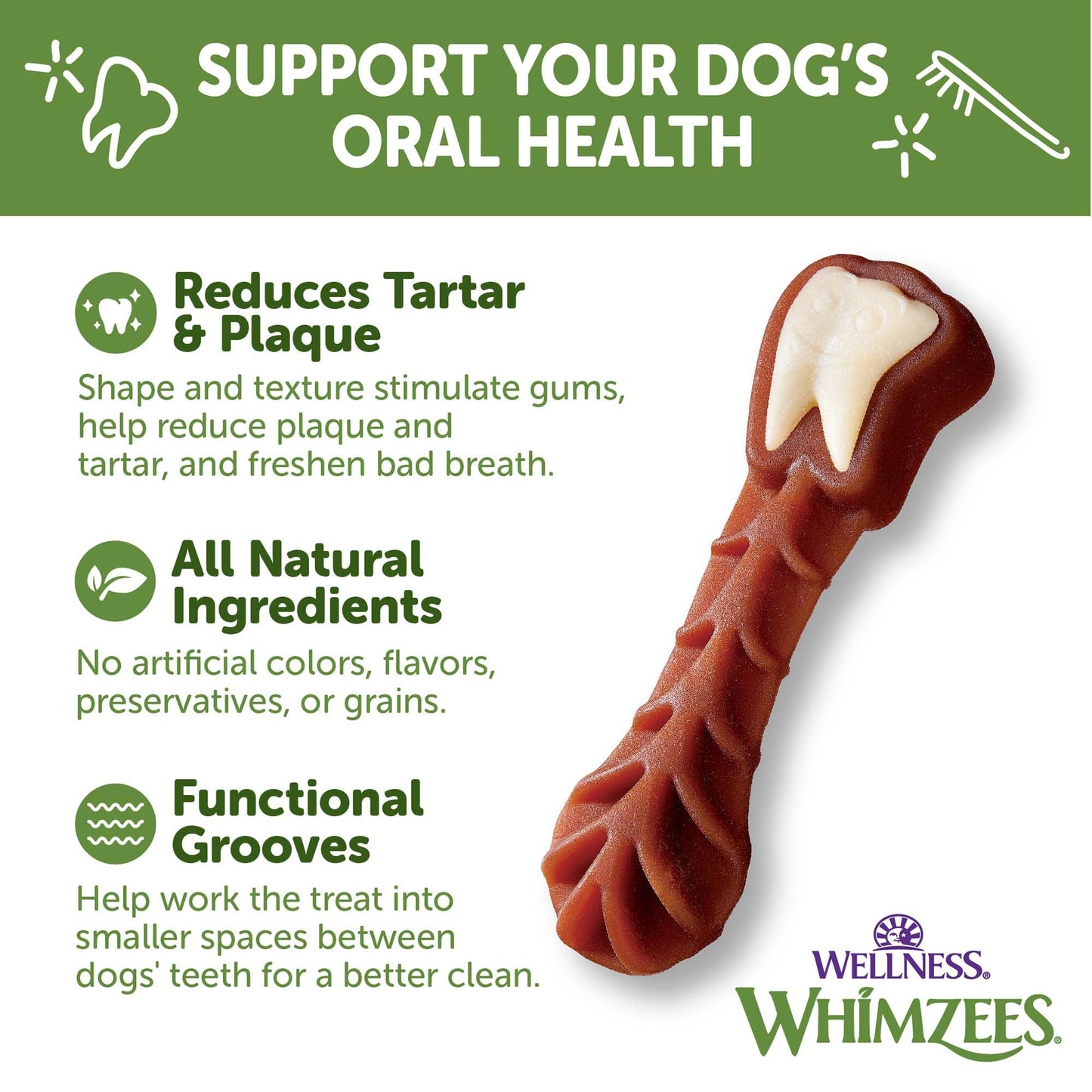 Whimzees Wellness Daily Brushzees Dog Dental Treats, Natural Chews, Medium Size Stick, (7 Count)