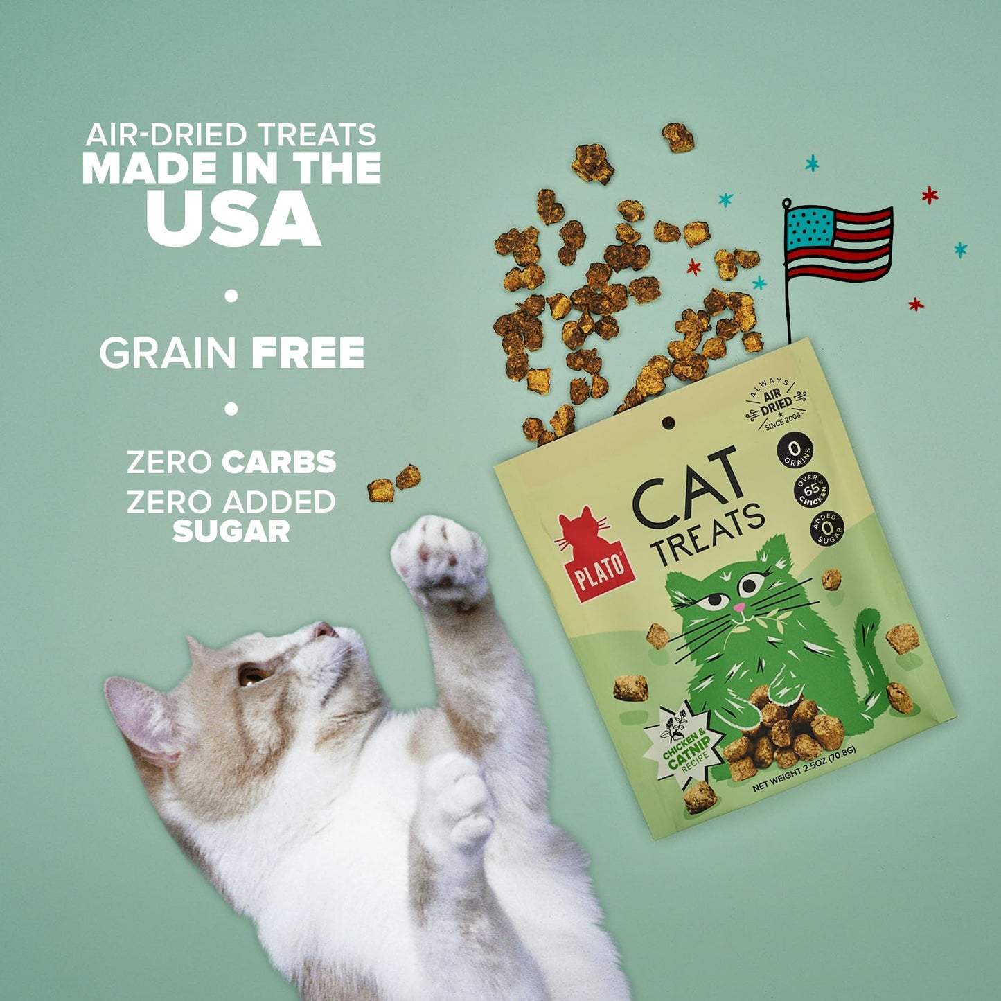 PLATO Pet Treats Air-Dried Cat Treats Chicken with Catnip Recipe, Grain Free, All Natural, Made in The USA, 2.5oz
