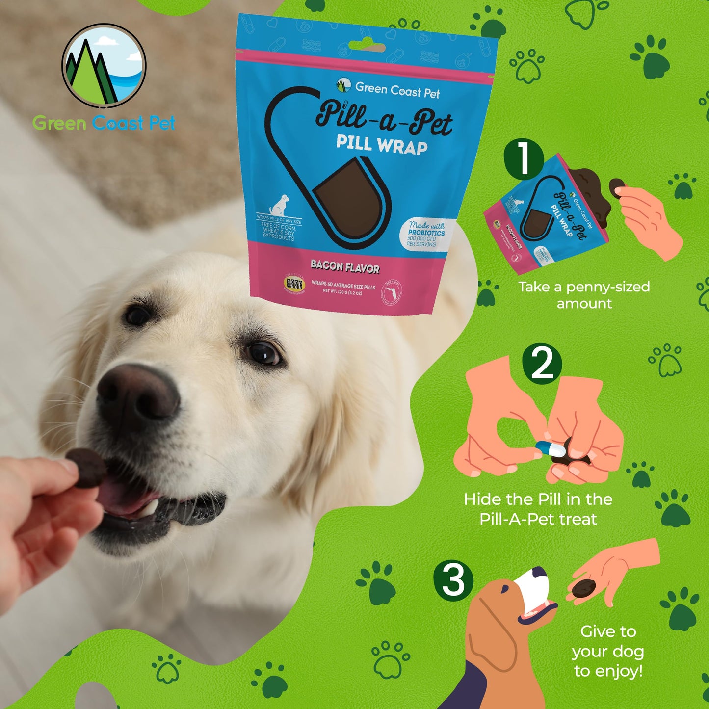 Pill-a-Pet Pill Wrap for Dogs Bacon Flavor | Made in USA | Probiotics | 60 Wraps