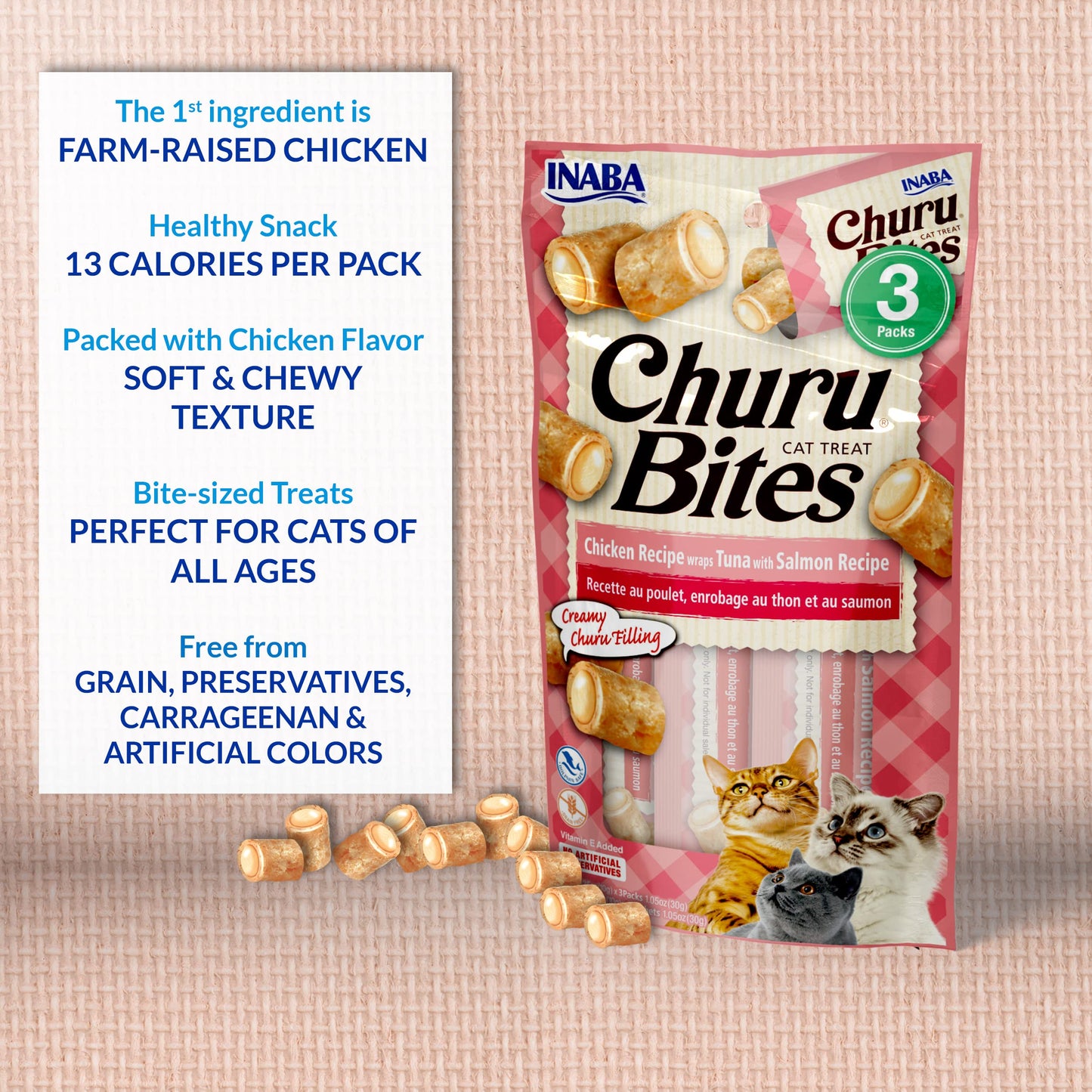 INABA Churu Bites for Cats, Soft Baked Chicken Churu Filled Cat Treats with Green Tea Extract, 0.35 Ounces Each Tube, 3 Tubes Total, Chicken Recipe