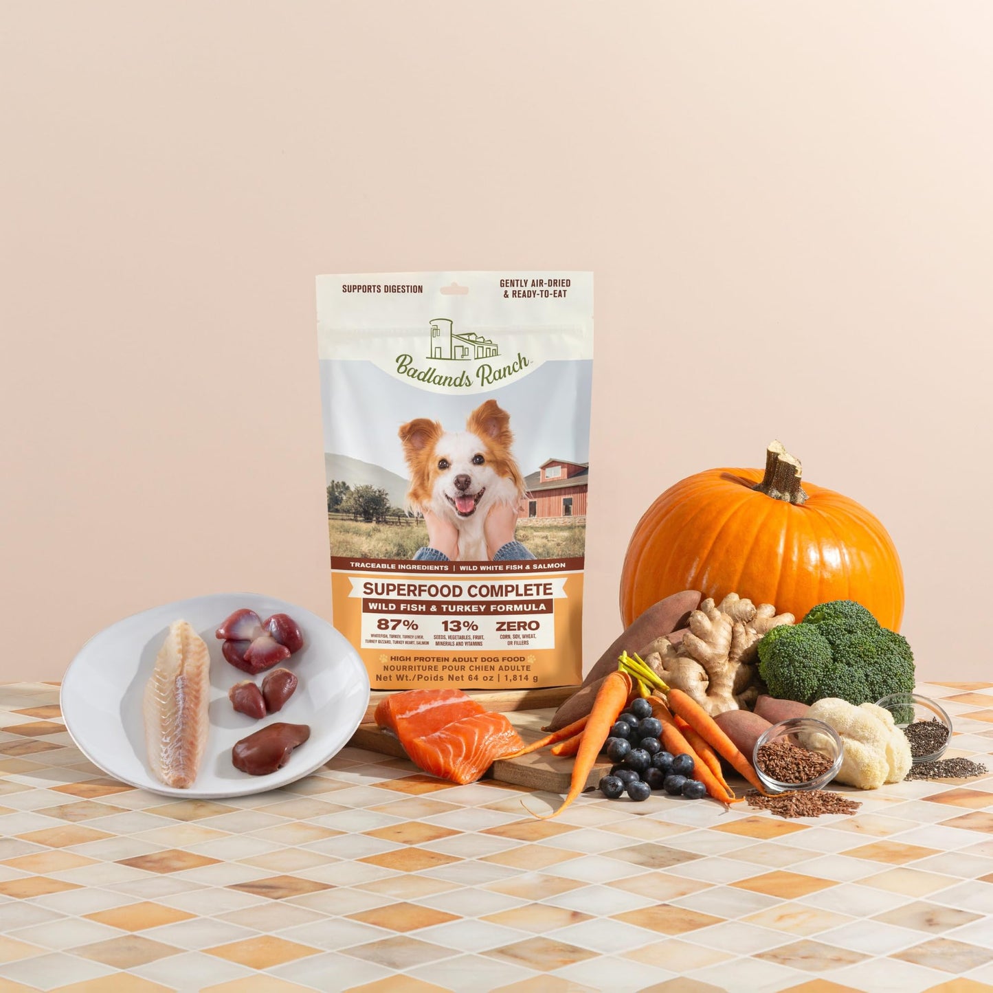 BADLANDS RANCH - Superfood Complete, Air - Dried Adult Dog Food - High Protein, Zero Fillers, Superfood Nutrition by Katherine Heigl (24 oz. Wild Fish and Turkey Formula)