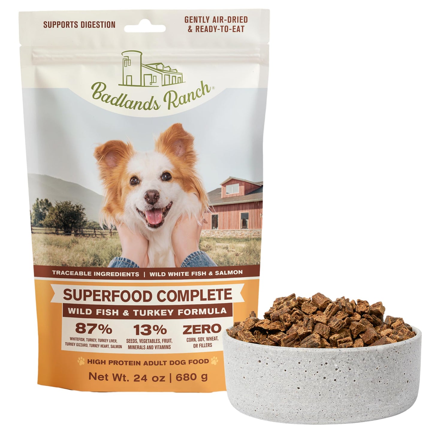 BADLANDS RANCH - Superfood Complete, Air - Dried Adult Dog Food - High Protein, Zero Fillers, Superfood Nutrition by Katherine Heigl (24 oz. Wild Fish and Turkey Formula)