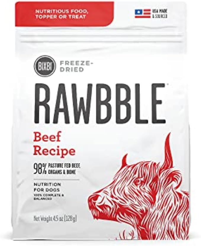 BIXBI Rawbble Freeze Dried Dog Food, Beef Recipe, 4.5 oz - 98% Meat and Organs, No Fillers