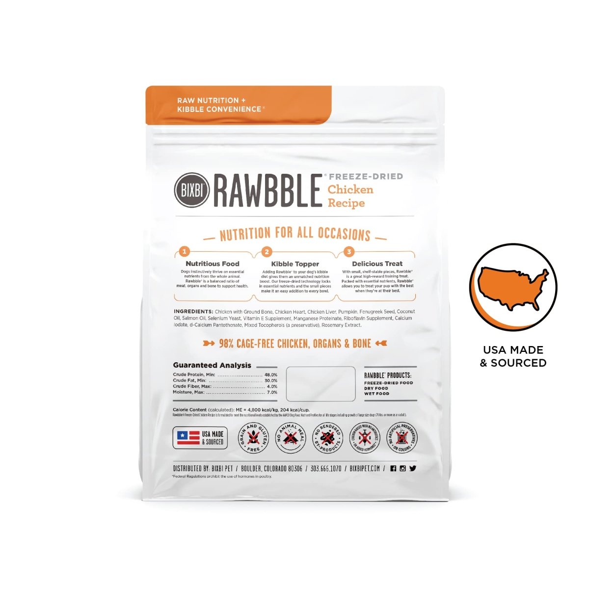 BIXBI Rawbble Freeze Dried Dog Food, Chicken Recipe, 26 oz - 98% Meat and Organs, No Fillers - Pantry - Friendly Raw Dog Food for Meal, Treat or Food Topper - USA Made in Small Batches - 091037509208