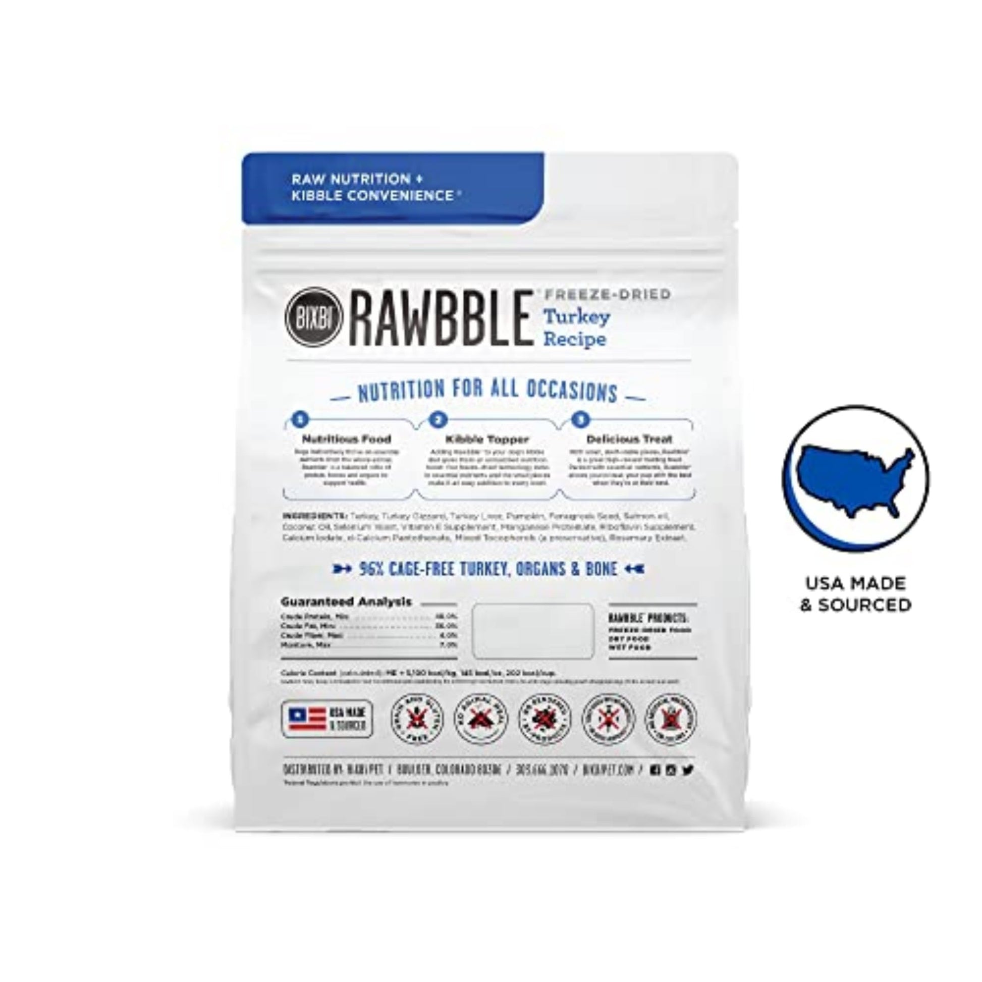 BIXBI Rawbble Freeze Dried Dog Food, Turkey Recipe, 12 oz - 96% Meat and Organs, No Fillers - Pantry - Friendly Raw Dog Food for Meal, Treat or Food Topper - USA Made in Small Batches