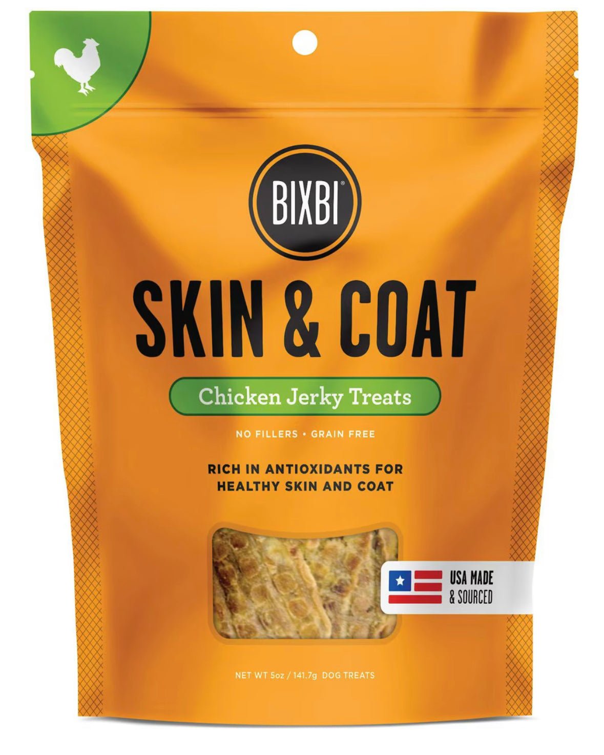 BIXBI Skin & Coat Chicken Jerky Dog Treats, 5 - oz bag
