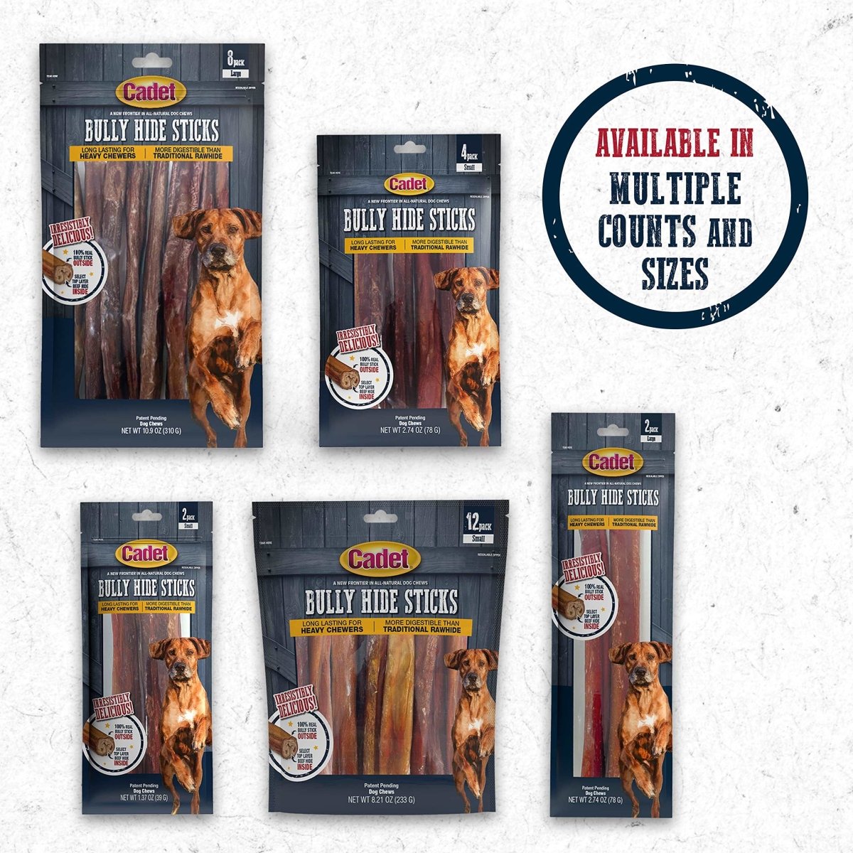 Cadet Bully Hide Sticks for Small, Medium and Large Dogs – All - Natural Beef Pizzle, High Protein, Low Fat, Long - Lasting, Grain & Rawhide - Free Dog Chews for Aggressive Chewers, Small (9 Count) - 768303705557