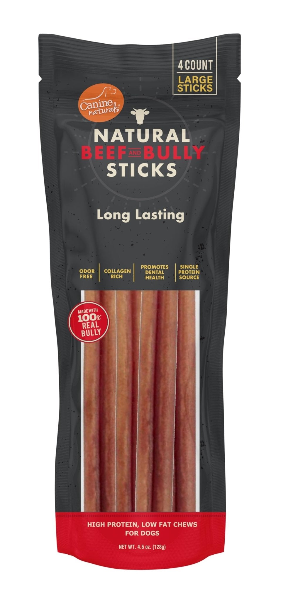Canine Naturals | Natural Beef & Bully Sticks | Long - Lasting, Odor Free, High Protein Chews Made with 100% Real Bully | 4 Count Large Sticks