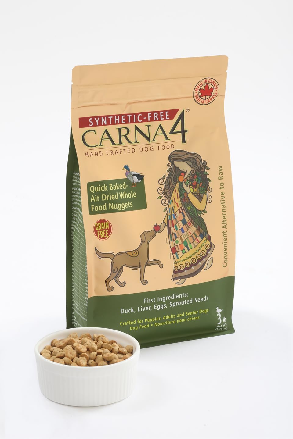 Carna 4 dog food quick baked air dried whole food nuggets, duck liver eggs sprouted seeds