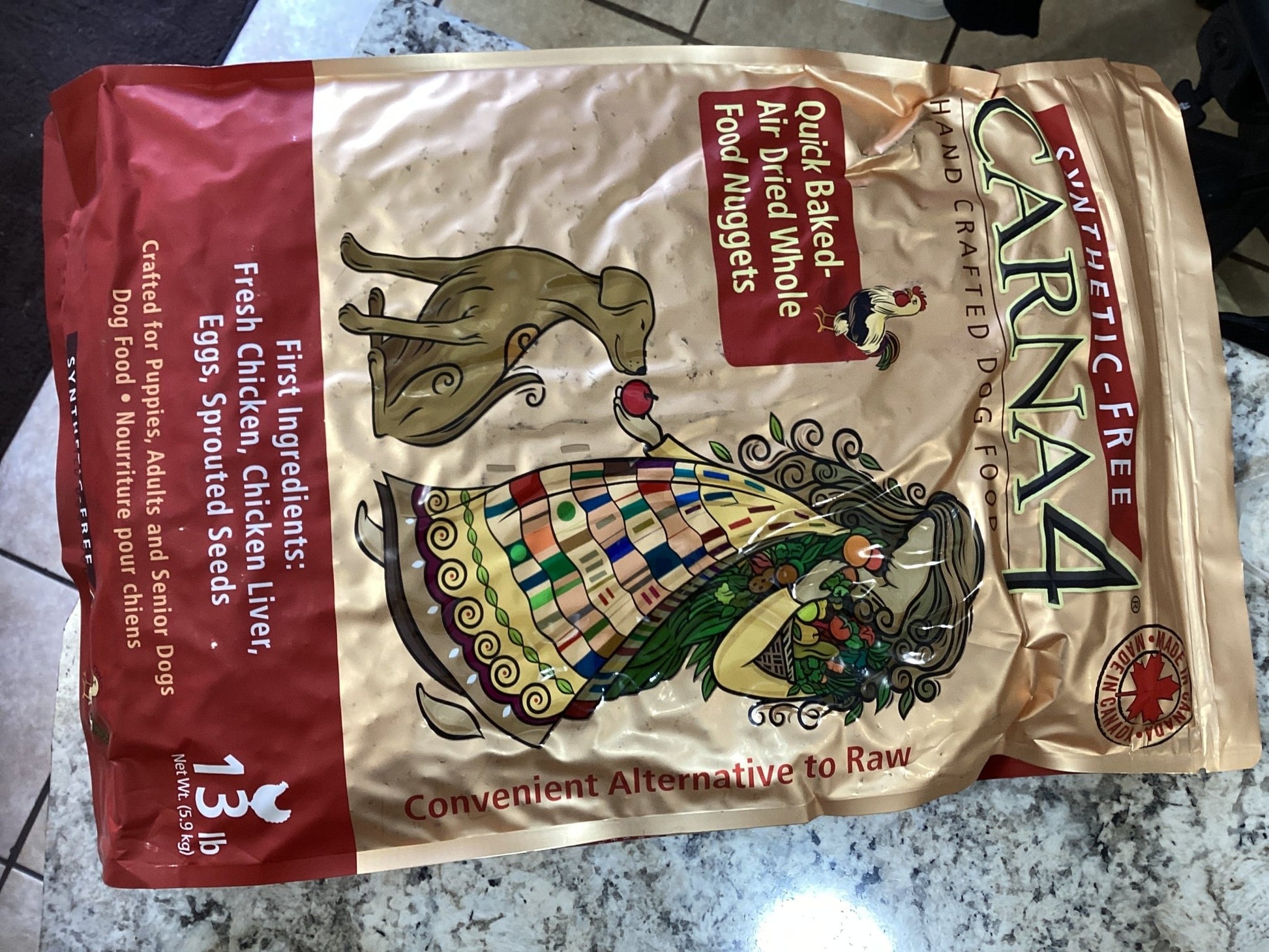 Carna 4 dog food quick baked air dried whole food nuggets, fresh chicken, chicken liver, eggs, sprouted seeds 13lbs